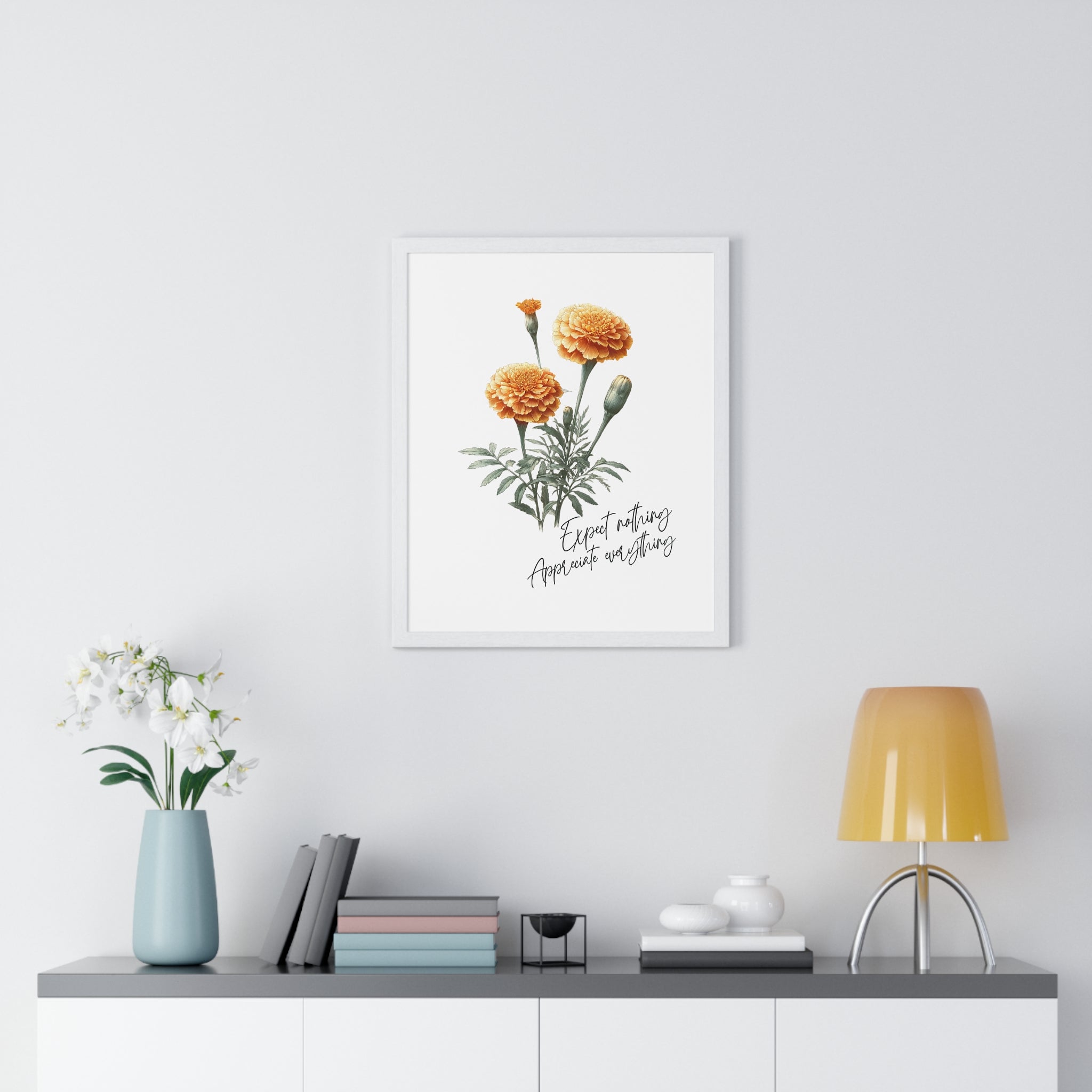 October Birth Month Flower Wall Art – Marigold Illustration with Inspirational Quote in Wooden Frame