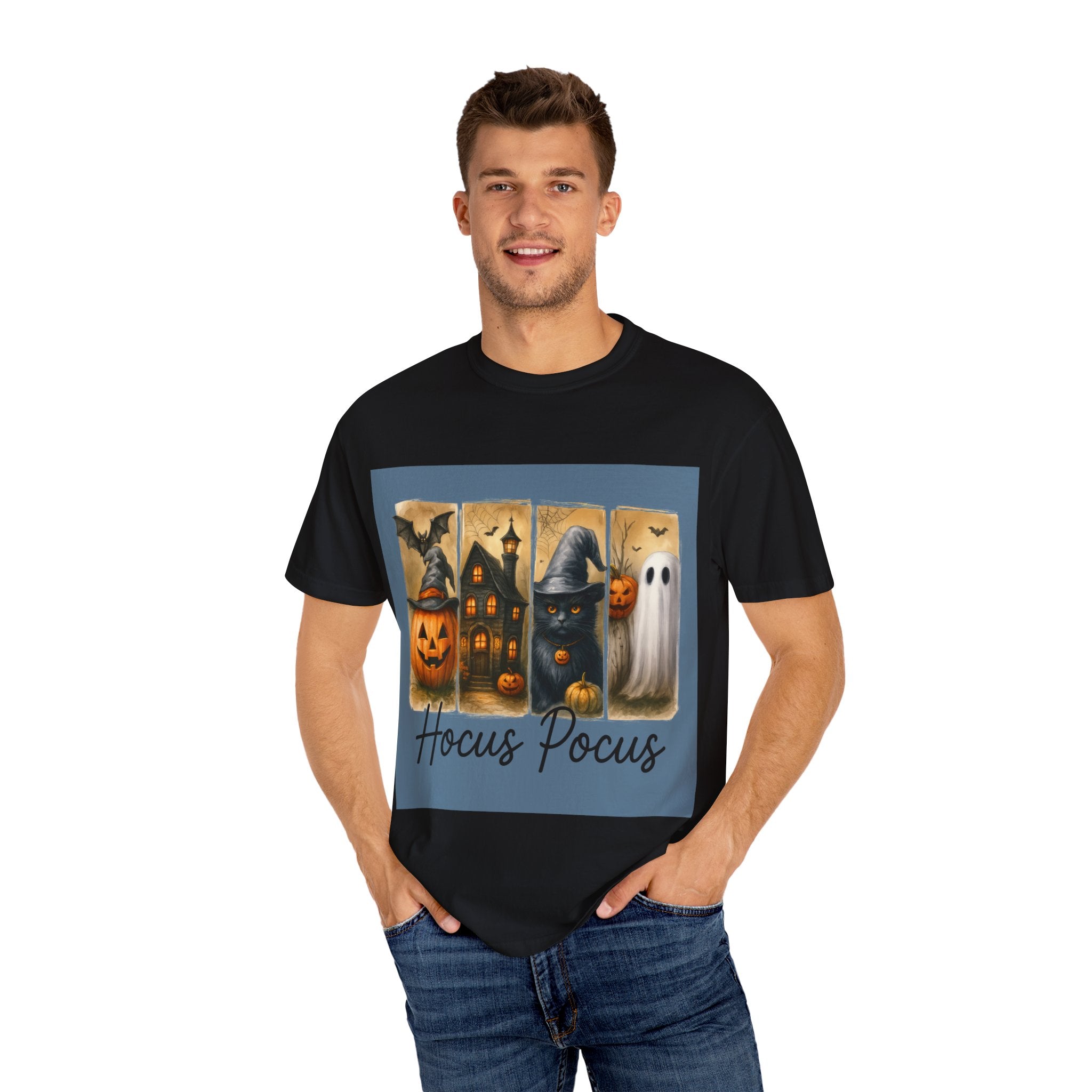 Hocus Pocus Halloween Unisex T-Shirt – Witchy Cat, Haunted House, Pumpkin & Ghost Art