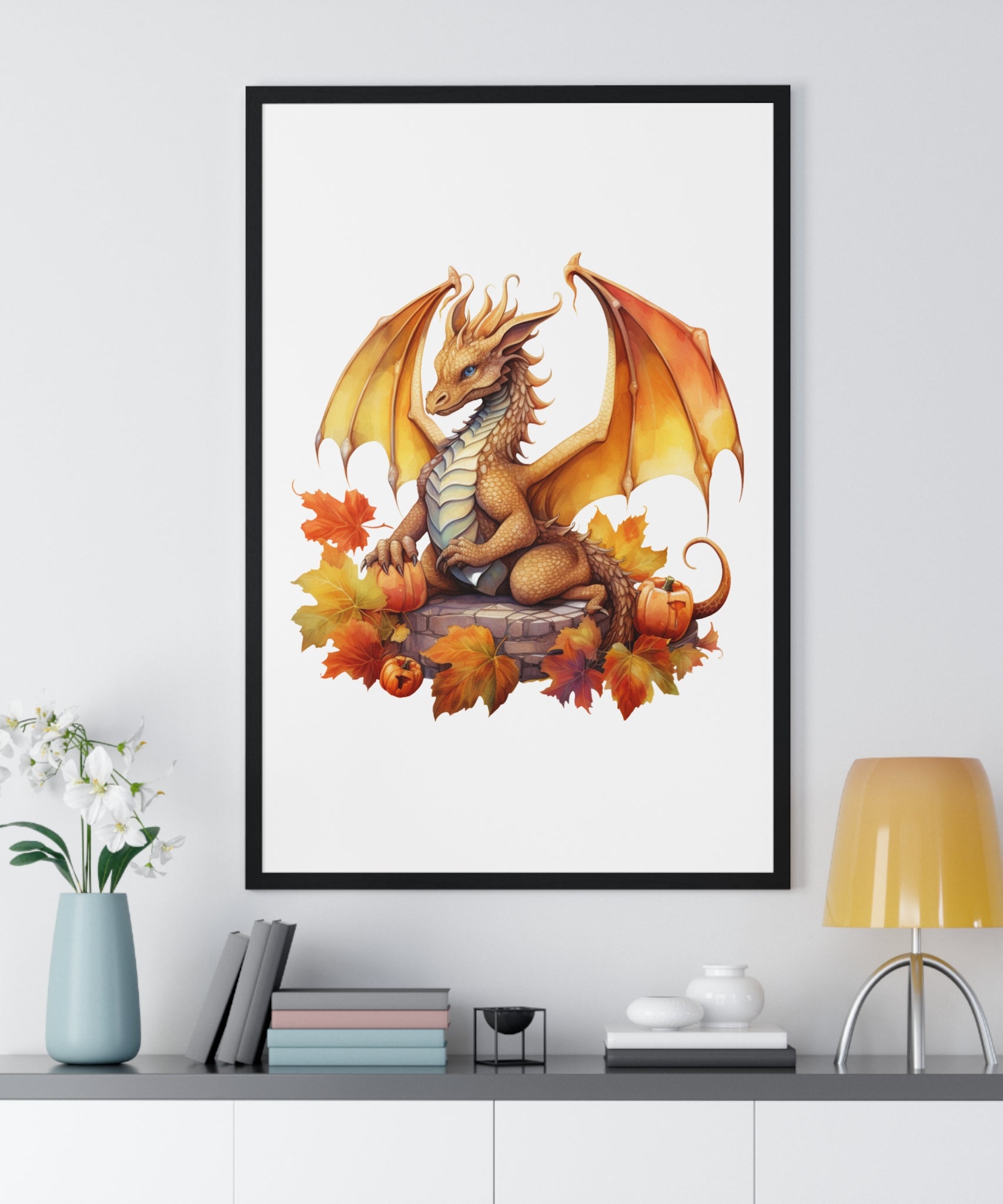 Autumn Dragon Wall Art – Fantasy Fall Decor with Pumpkins