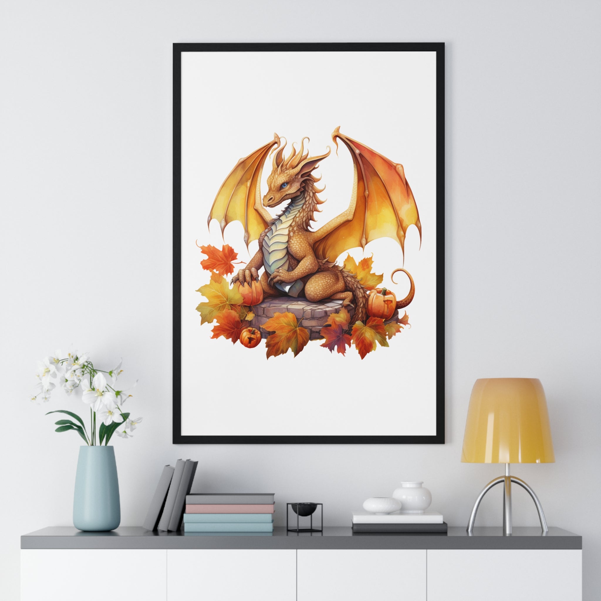 Autumn Dragon Wall Art – Fantasy Fall Decor with Pumpkins