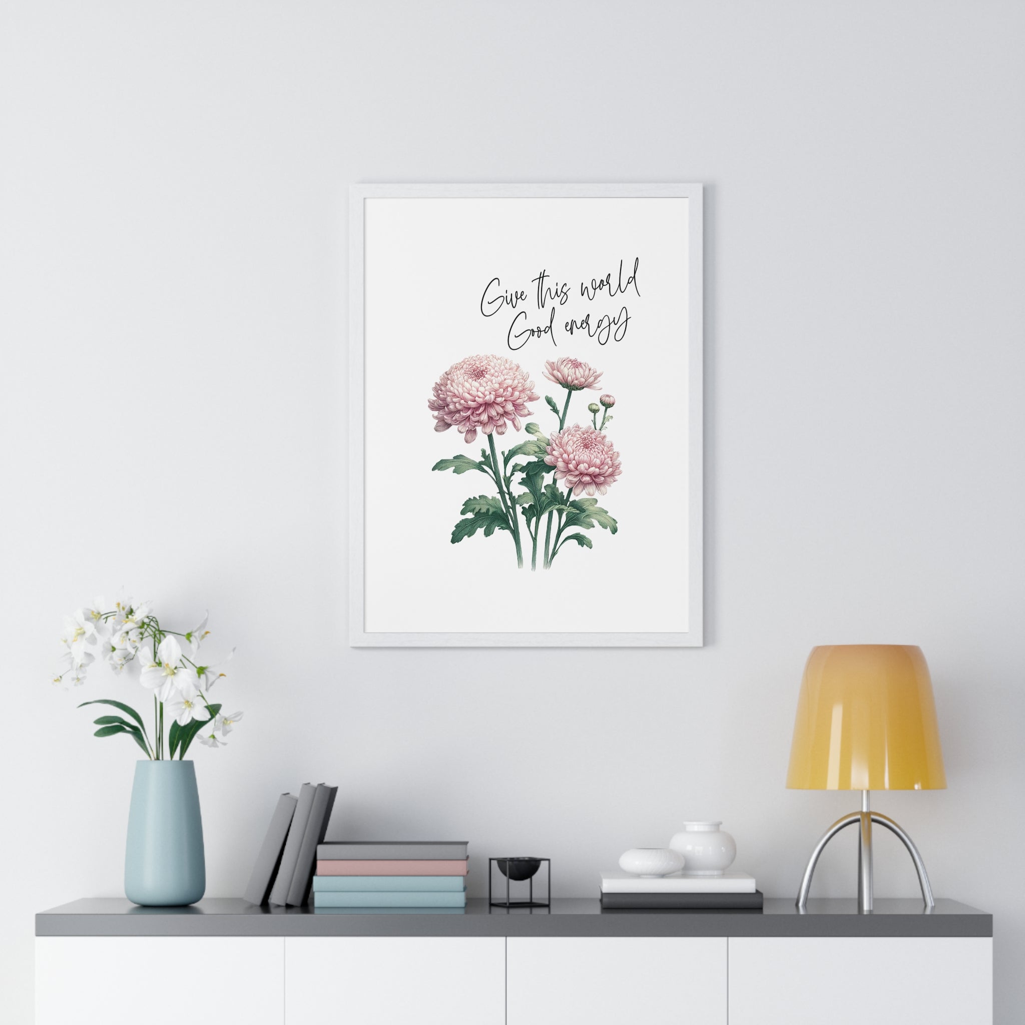 November Birth Month Flower Wall Art – Chrysanthemum Illustration with Inspirational Quote in Wooden Frame | Good Energy & Joy