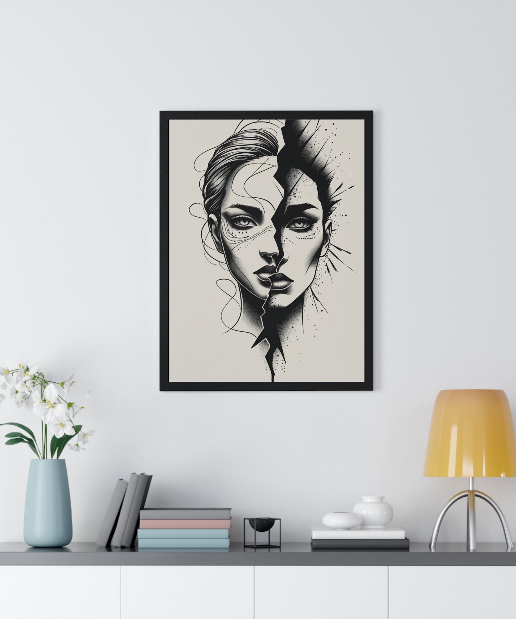 Framed Art Print, Modern Wall Decor, Home Office Gift, Minimalist Split Face Poster, Stylish Artwork - Gallory Hive