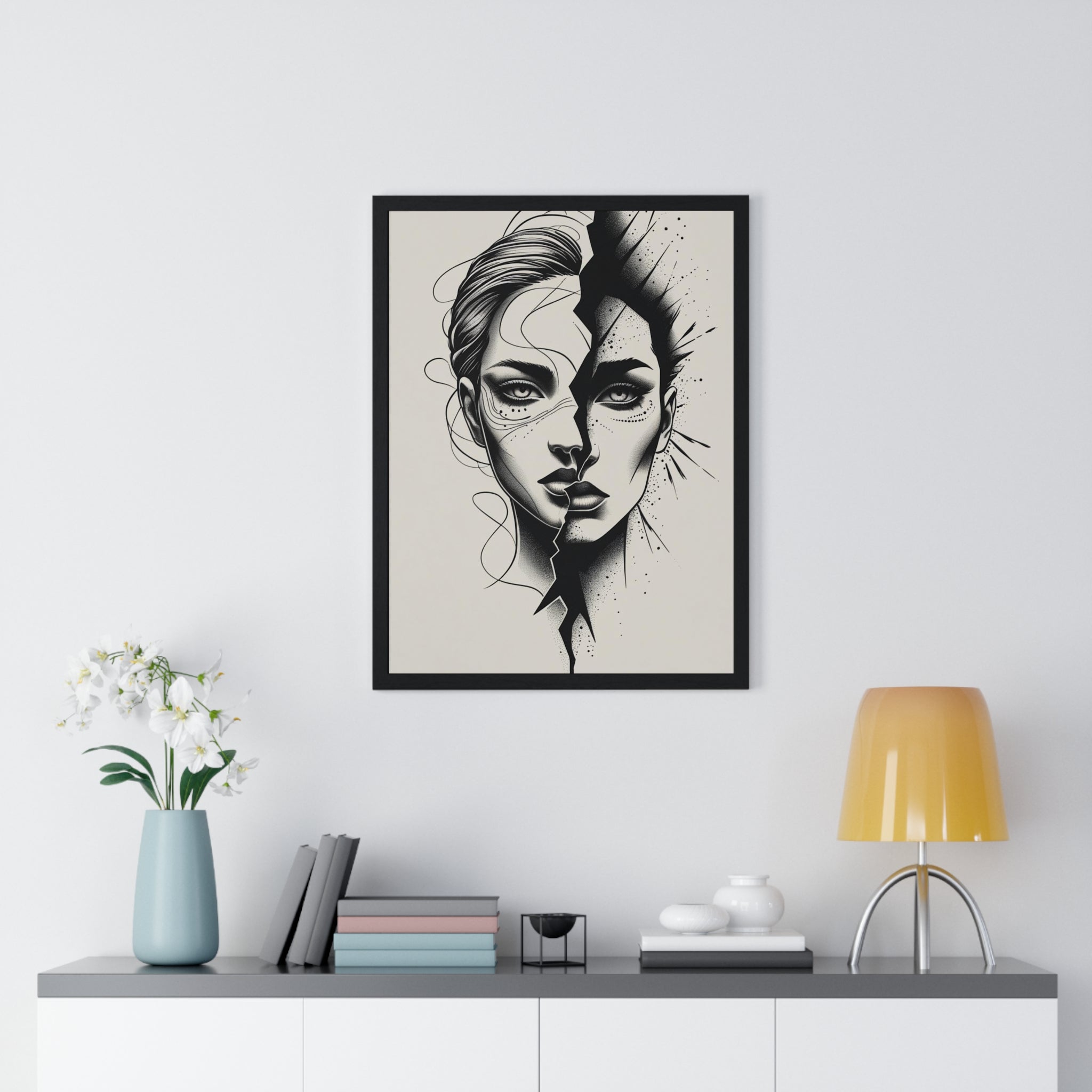 Framed Art Print, Modern Wall Decor, Home Office Gift, Minimalist Split Face Poster, Stylish Artwork