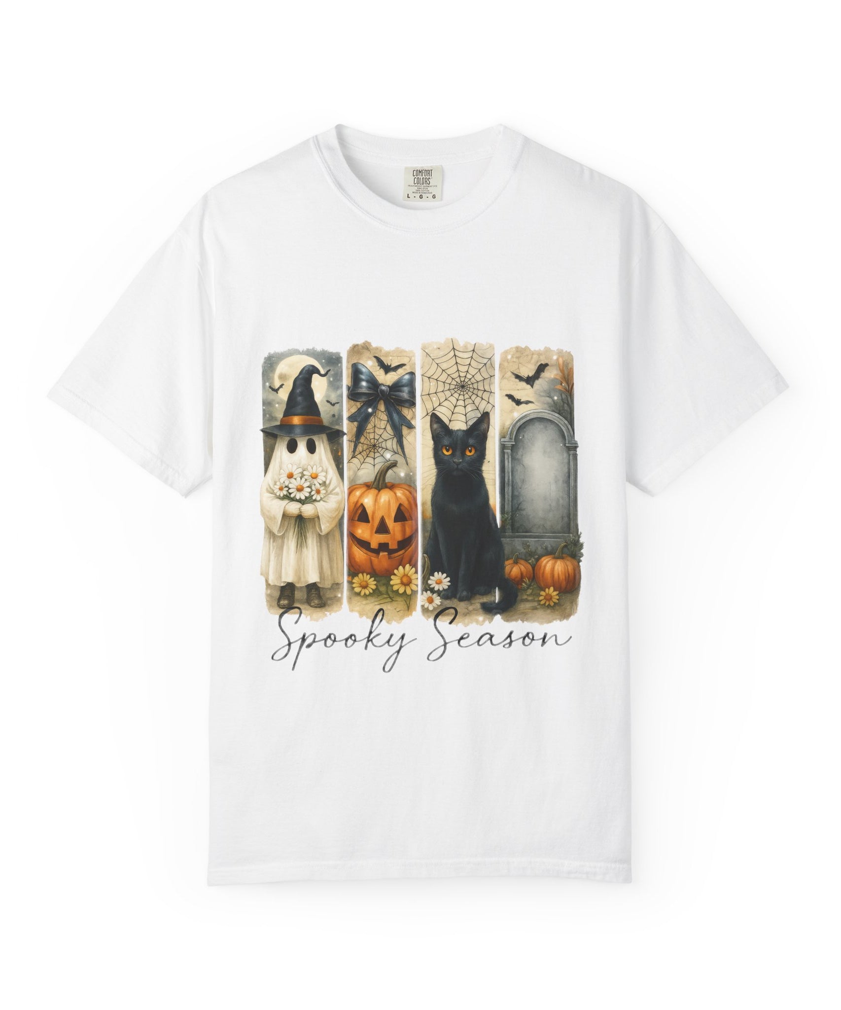 Spooky Season Halloween Unisex T-Shirt – Ghost, Black Cat & Pumpkin Design - Gallory Hive