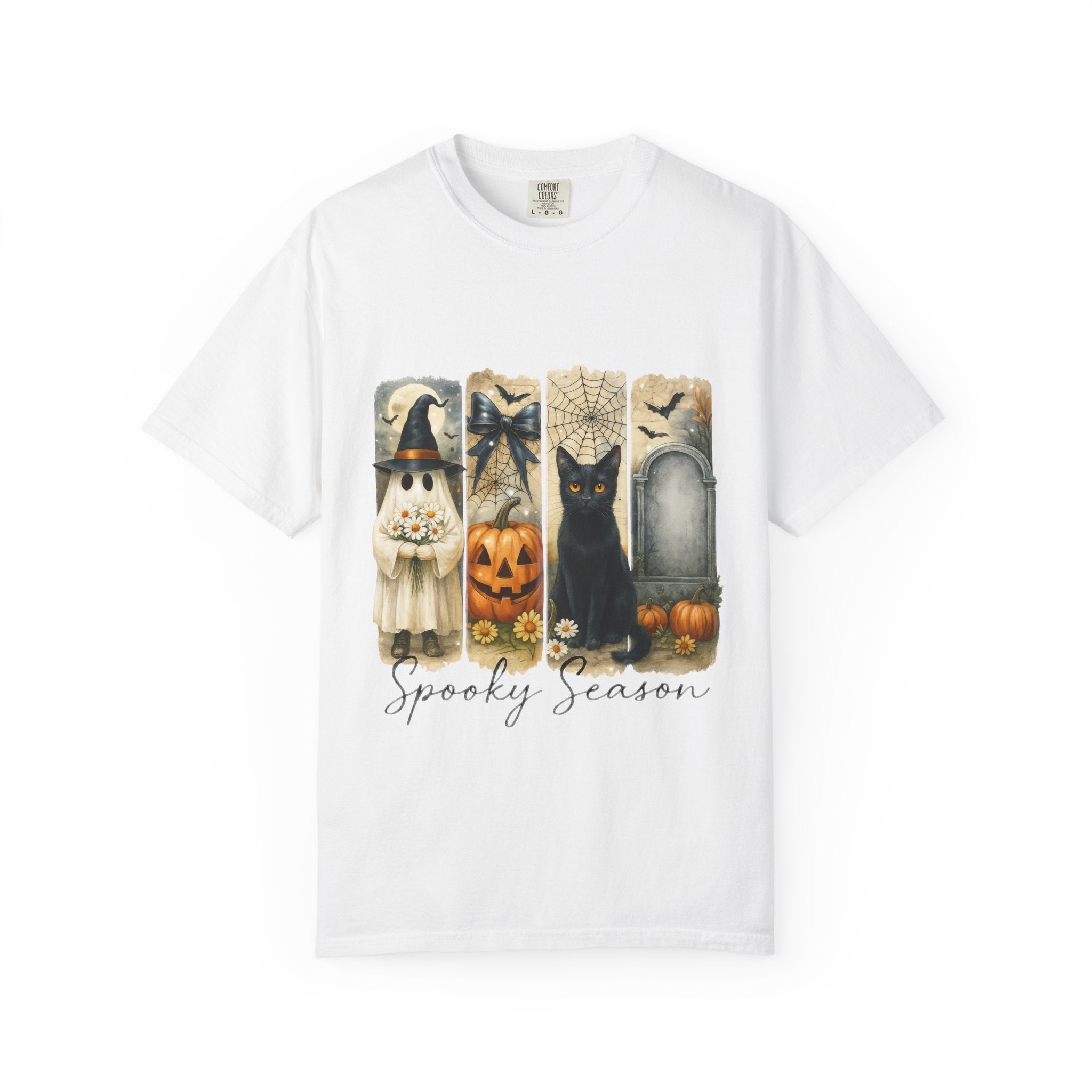 Spooky Season Halloween Unisex T-Shirt – Ghost, Black Cat & Pumpkin Design