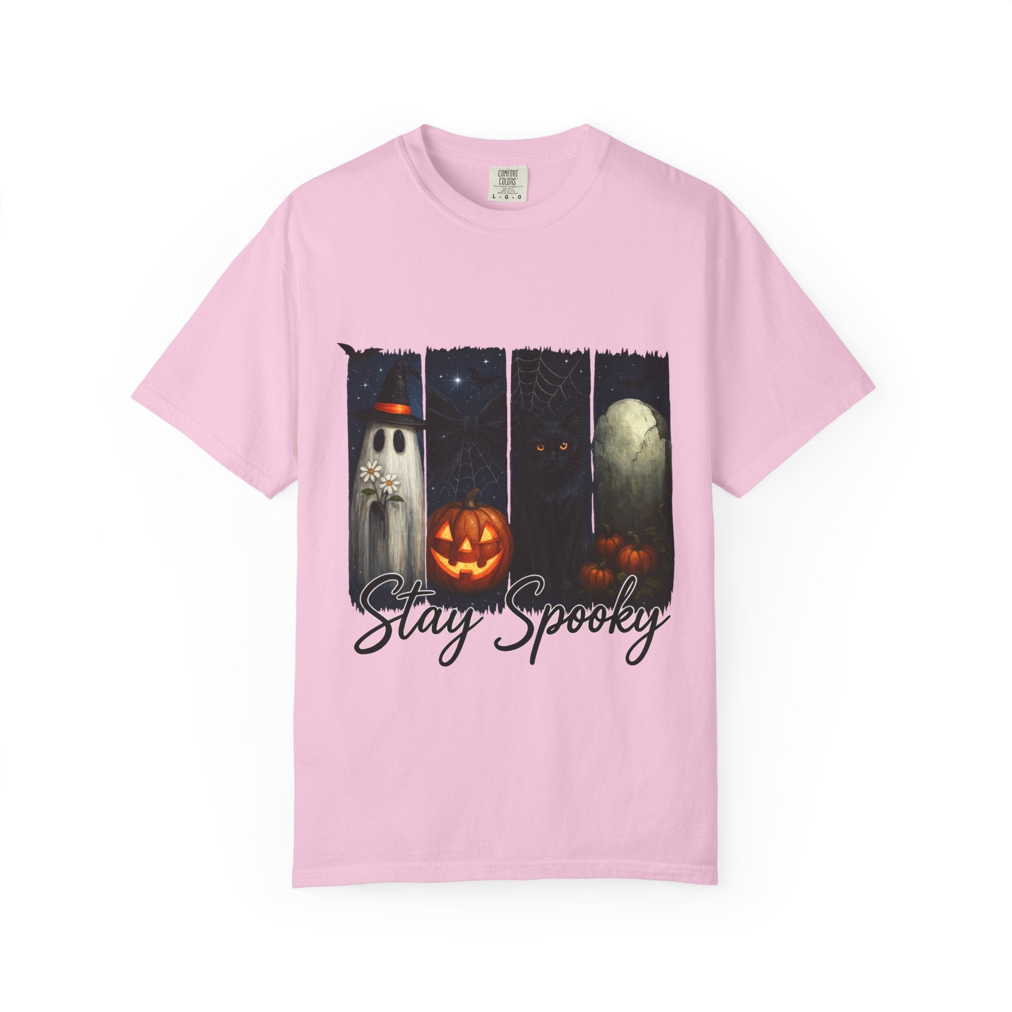 Stay Spooky Halloween T-Shirt – Cute Ghost, Black Cat, Pumpkin & Graveyard Design