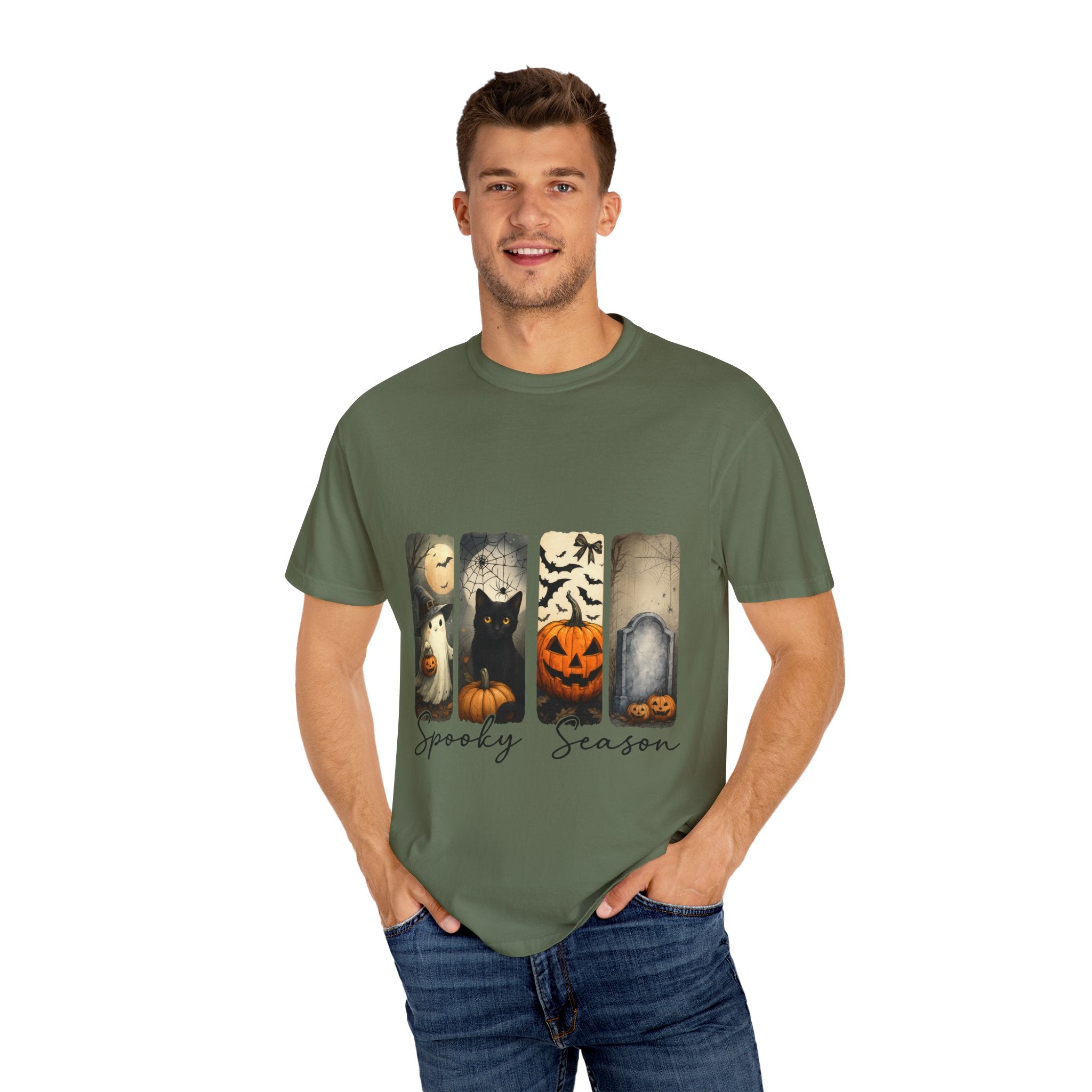 Halloween Night Unisex T-Shirt – Ghost, Black Cat, Pumpkin & Tombstone Vintage Art