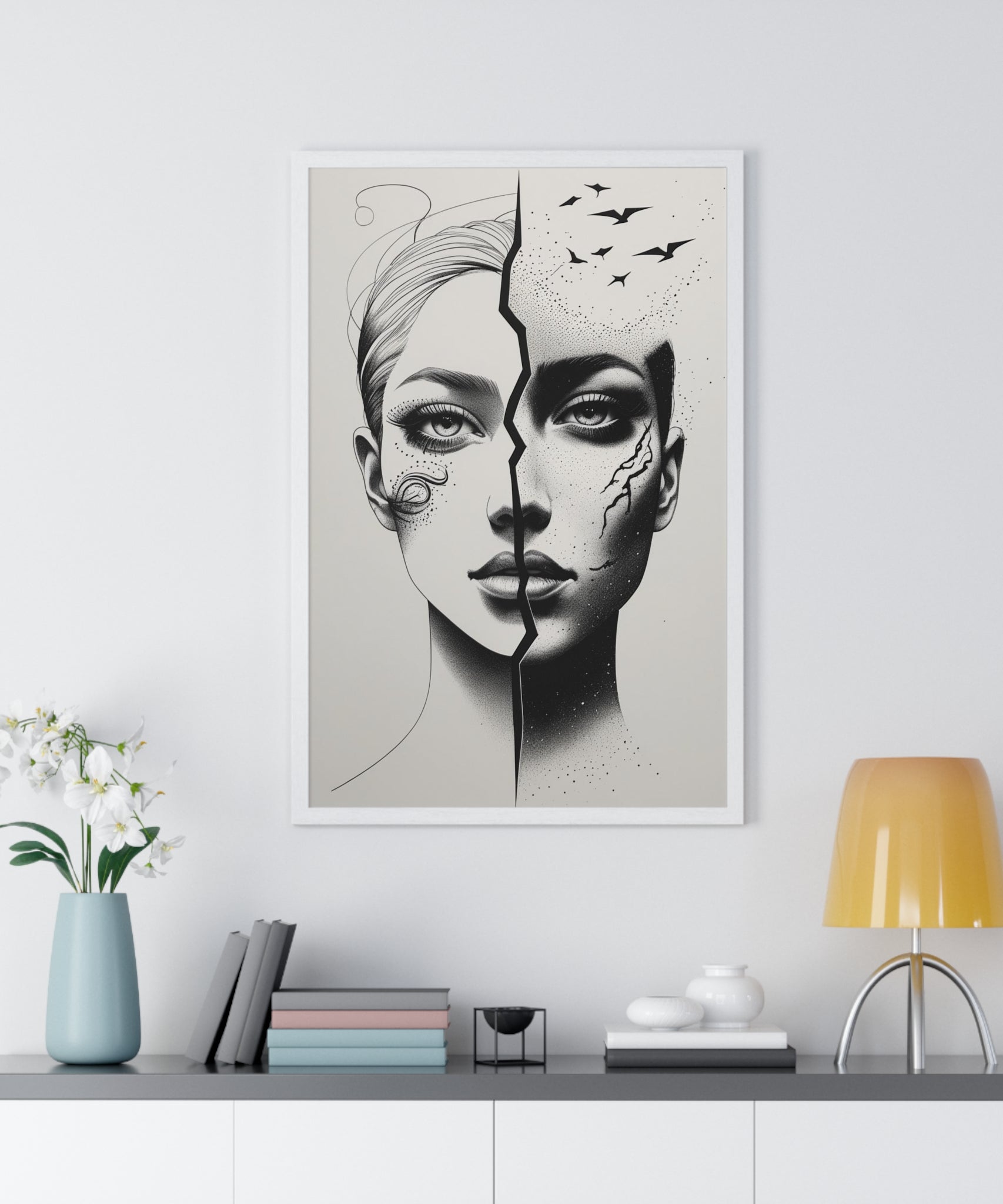Vertical Framed Poster, Artistic Split Face Poster, Abstract Wall Art, Modern Home Decor, Unique Gift for Art Lovers, Stylish Room - Gallory Hive