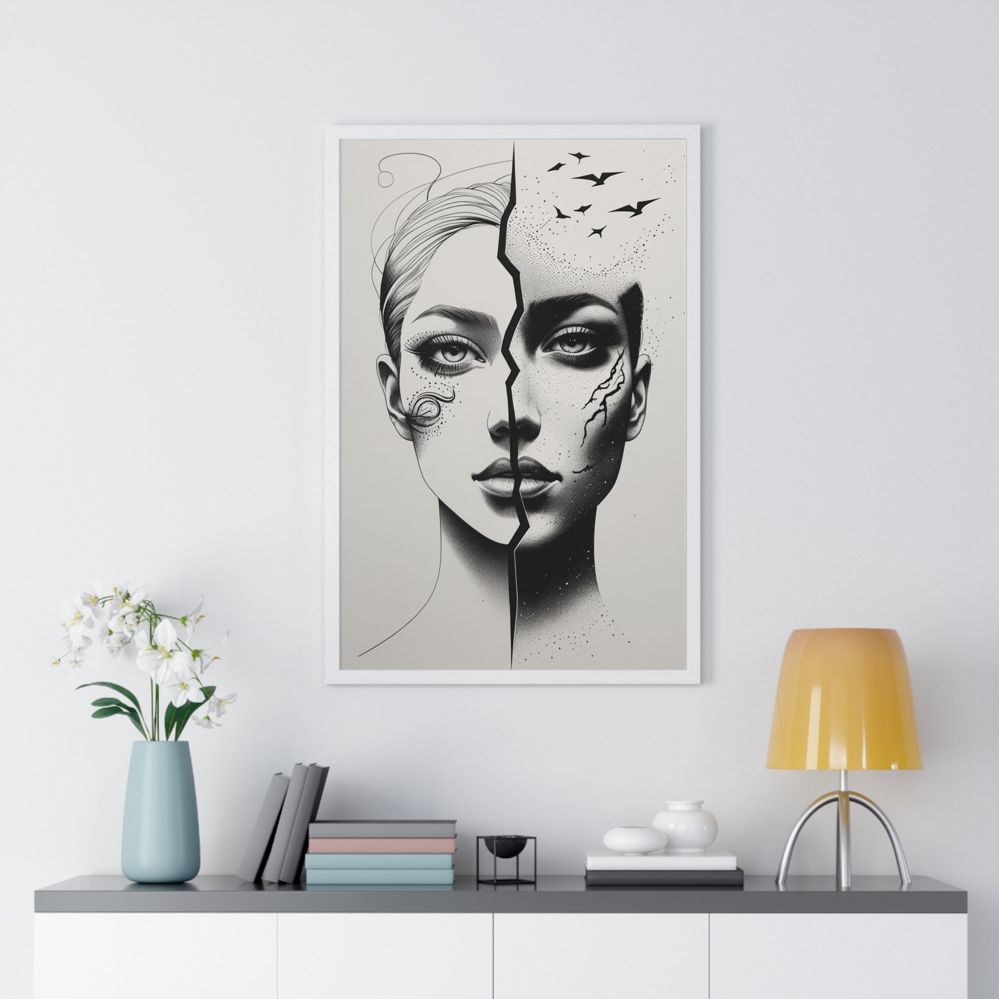 Vertical Framed Poster, Artistic Split Face Poster, Abstract Wall Art, Modern Home Decor, Unique Gift for Art Lovers, Stylish Room