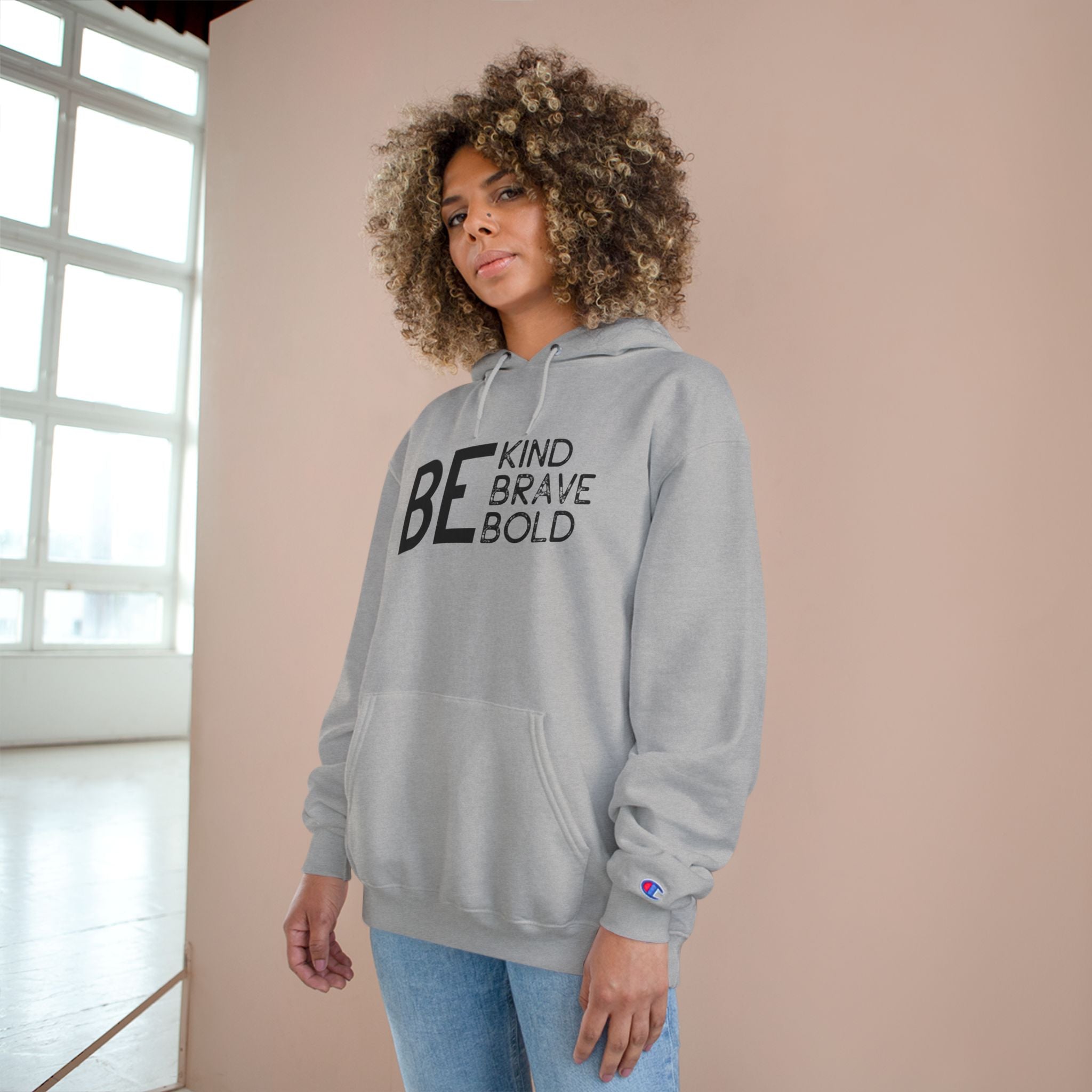 Champion Hoodie - Bold Minimalist Hand Sign Print