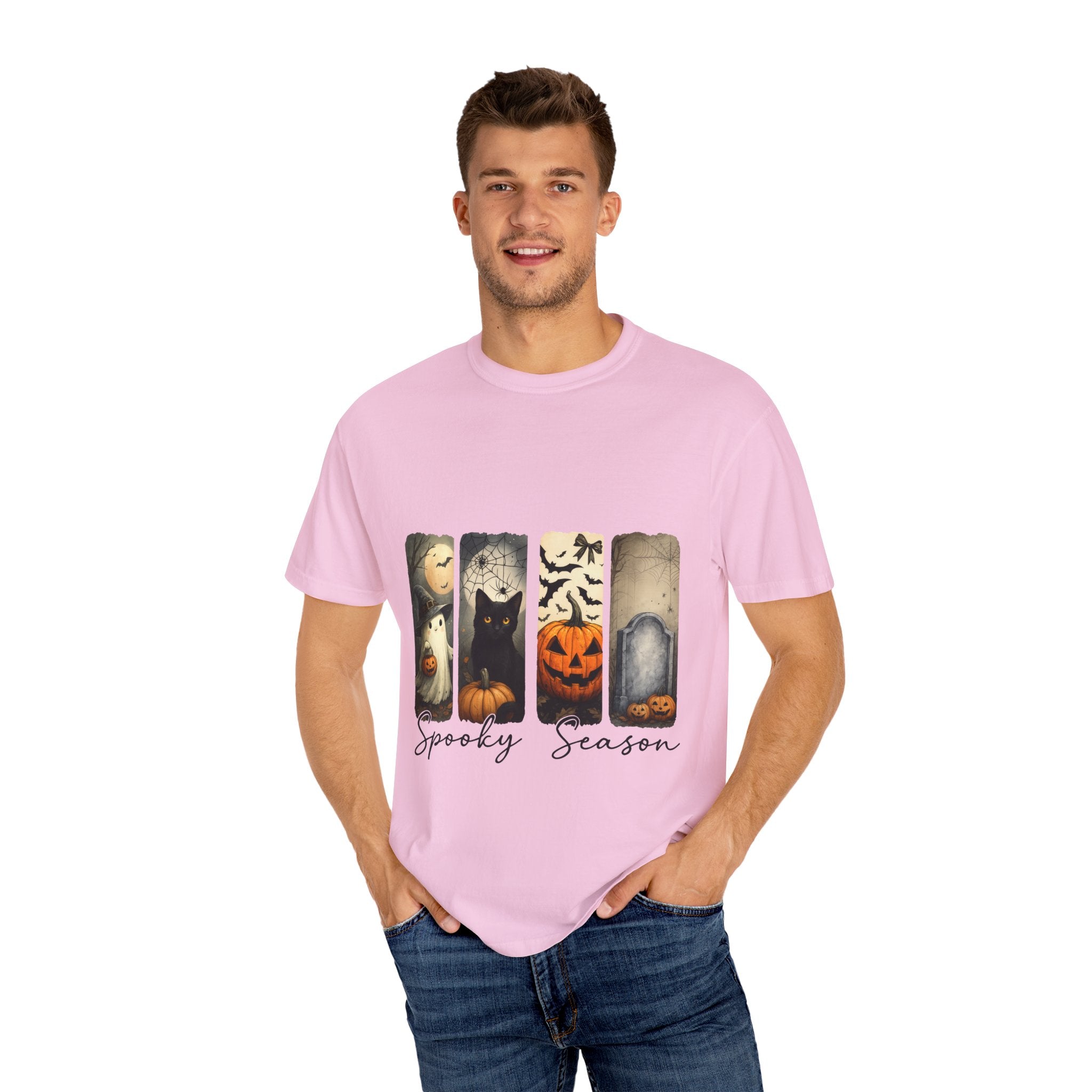 Halloween Night Unisex T-Shirt – Ghost, Black Cat, Pumpkin & Tombstone Vintage Art
