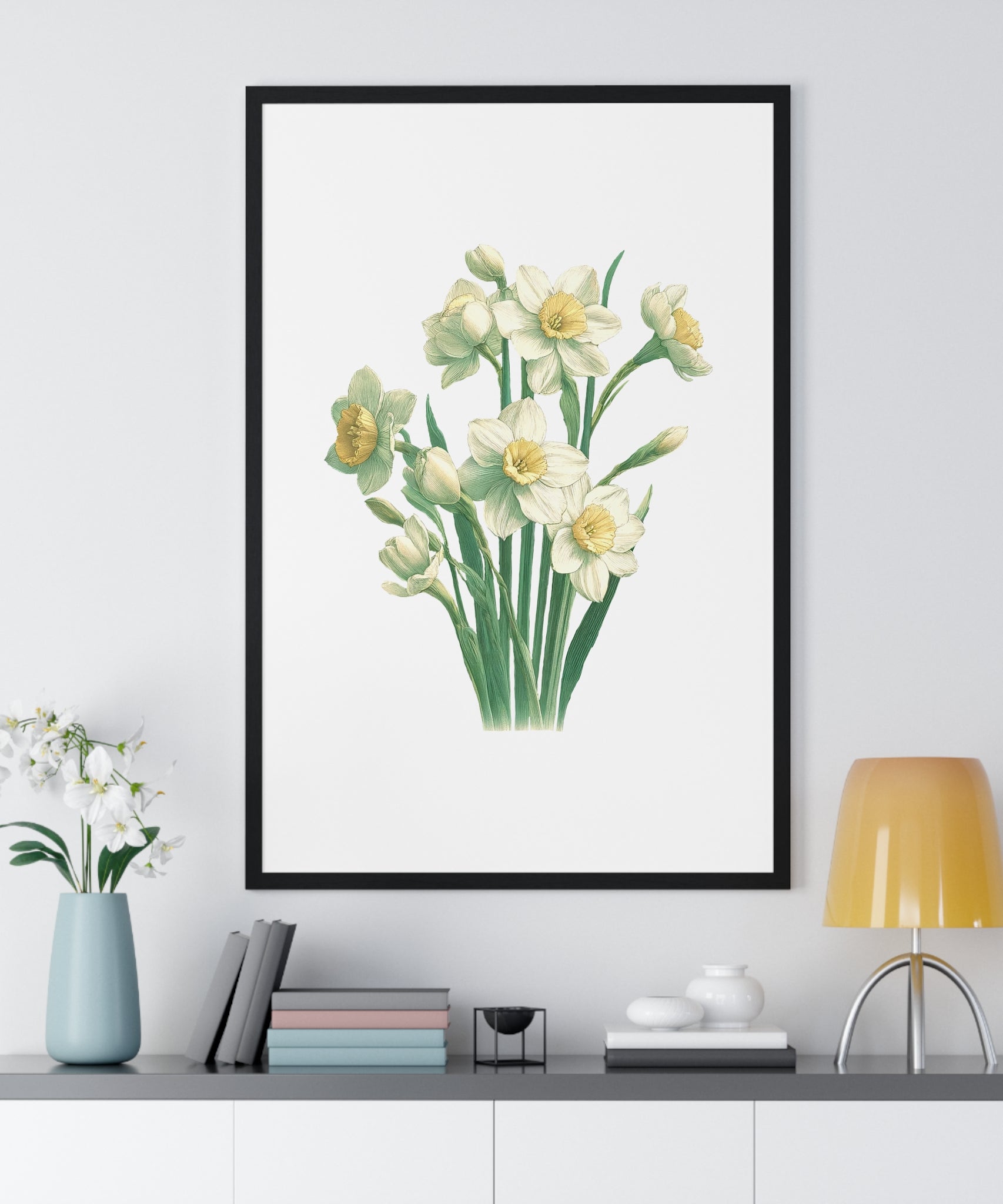 December Birth Month Flower Wall Art – Narcissus Botanical Illustration in Wooden Frame | Hope, Good Fortune & Renewal