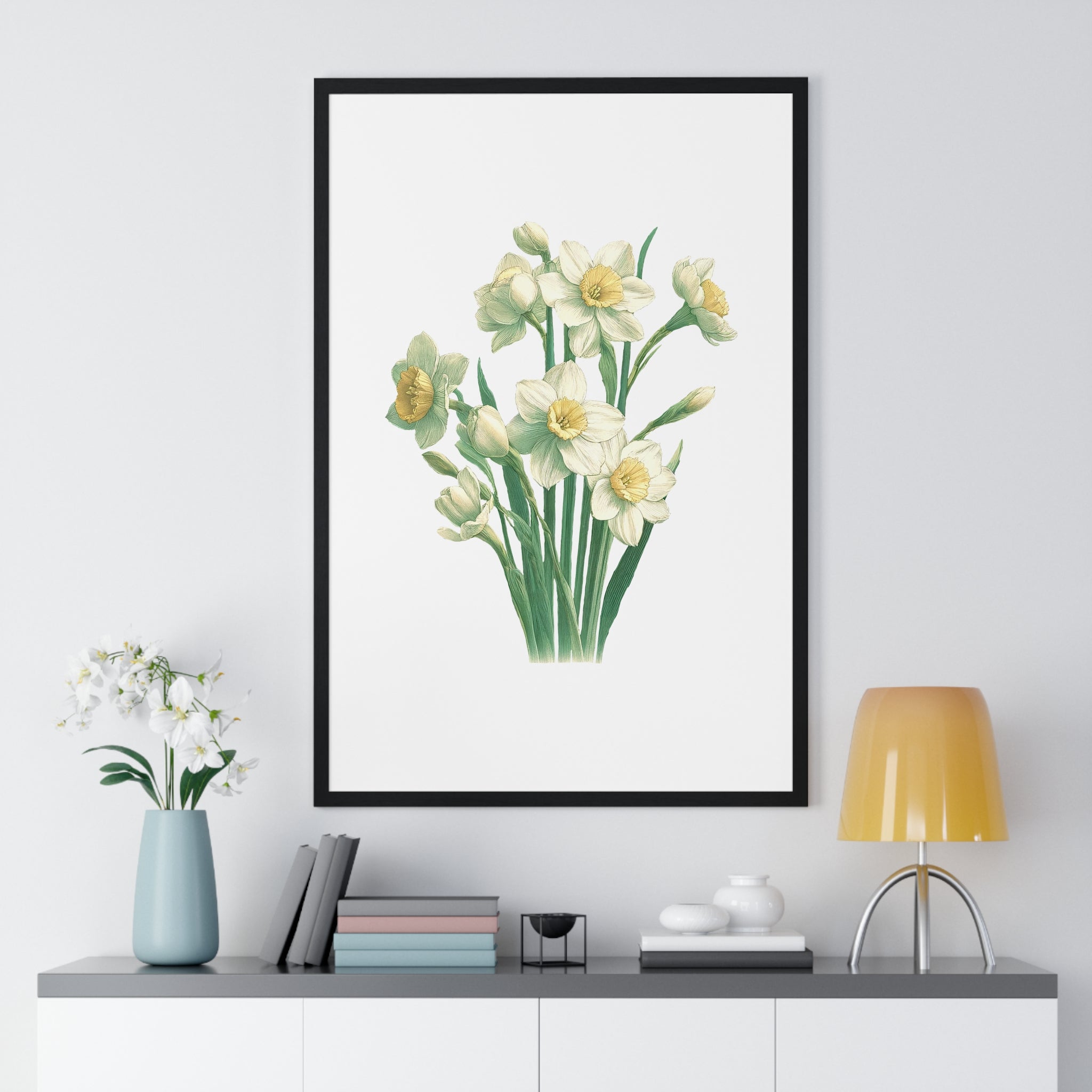 December Birth Month Flower Wall Art – Narcissus Botanical Illustration in Wooden Frame | Hope, Good Fortune & Renewal