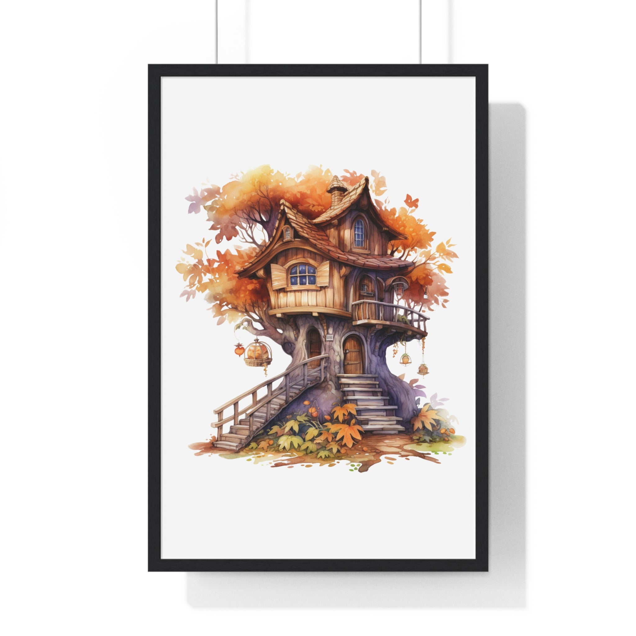 Whimsical Autumn Treehouse Wall Art – Fantasy Forest Cottage with Lanterns & Birdcages | Wooden Frame Seasonal Decor