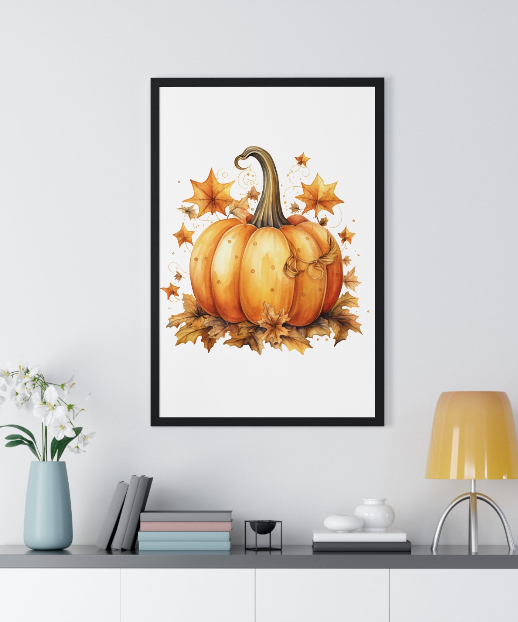 Decorative Autumn Pumpkin Wall Art – Bow-Tied Harvest Poster with Leaves & Swirls | Wooden Frame Fall Decor