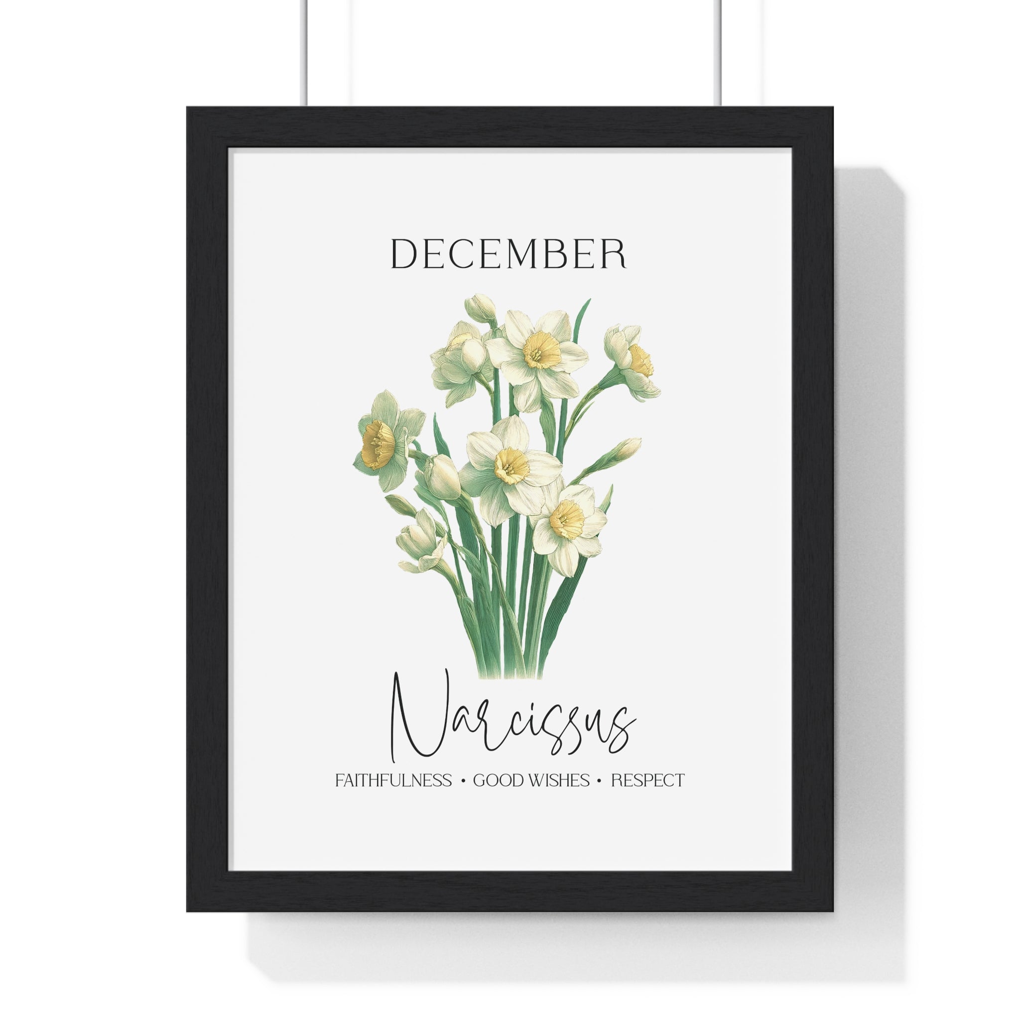 December Birth Month Flower Wall Art – Narcissus Illustration in Wooden Frame | Faithfulness, Good Wishes & Respect