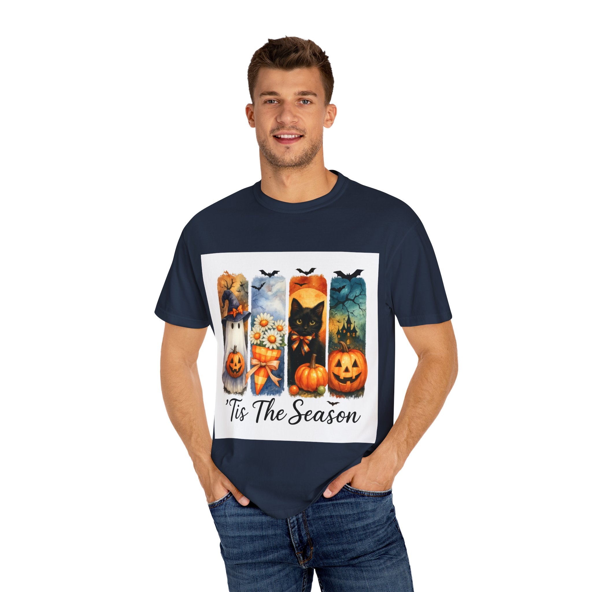 Whimsical Halloween T-Shirt – Ghost, Black Cat, Pumpkins & Haunted House Design