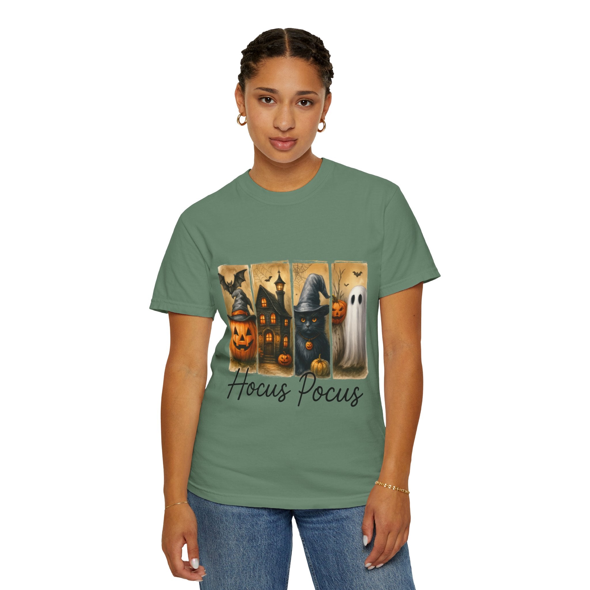 Hocus Pocus Halloween Unisex T-Shirt – Witchy Cat, Haunted House, Pumpkin & Ghost Art