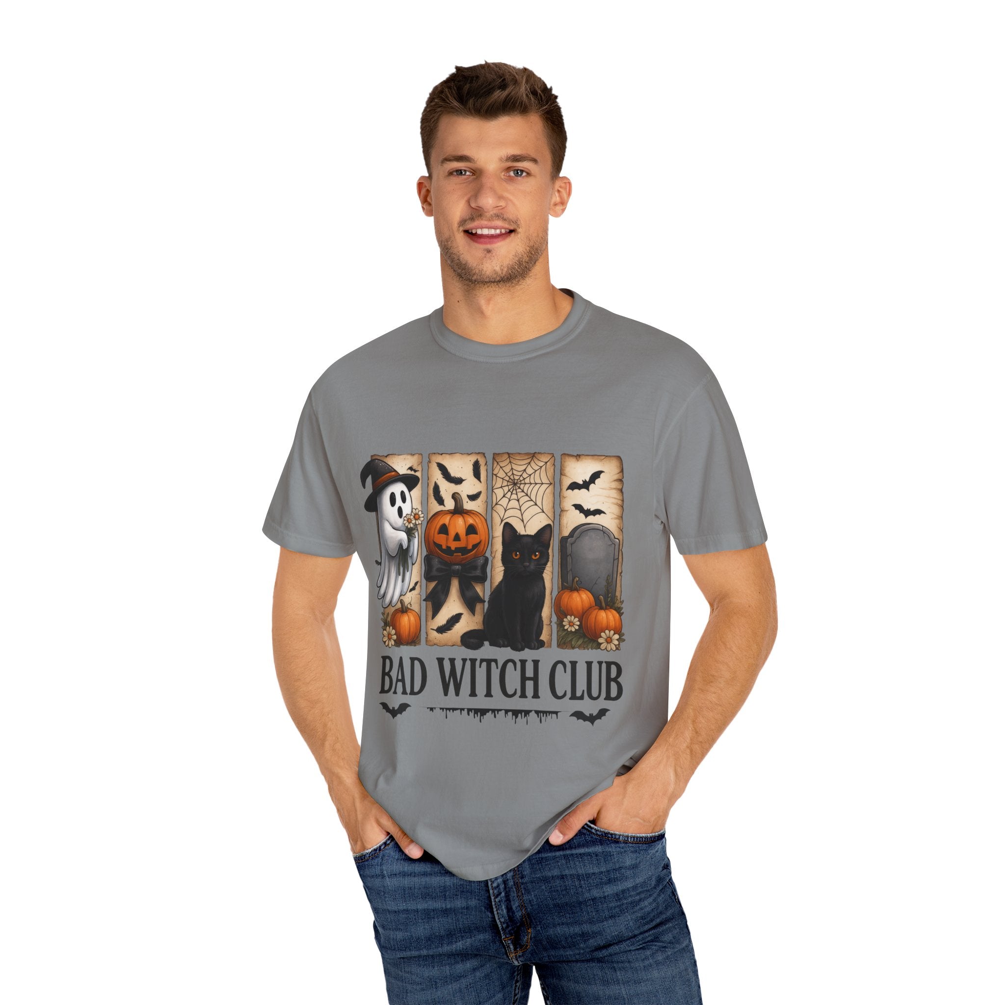 Bad Witch Club Halloween T-Shirt – Cute Ghost, Black Cat, Pumpkin & Spooky Gothic Design