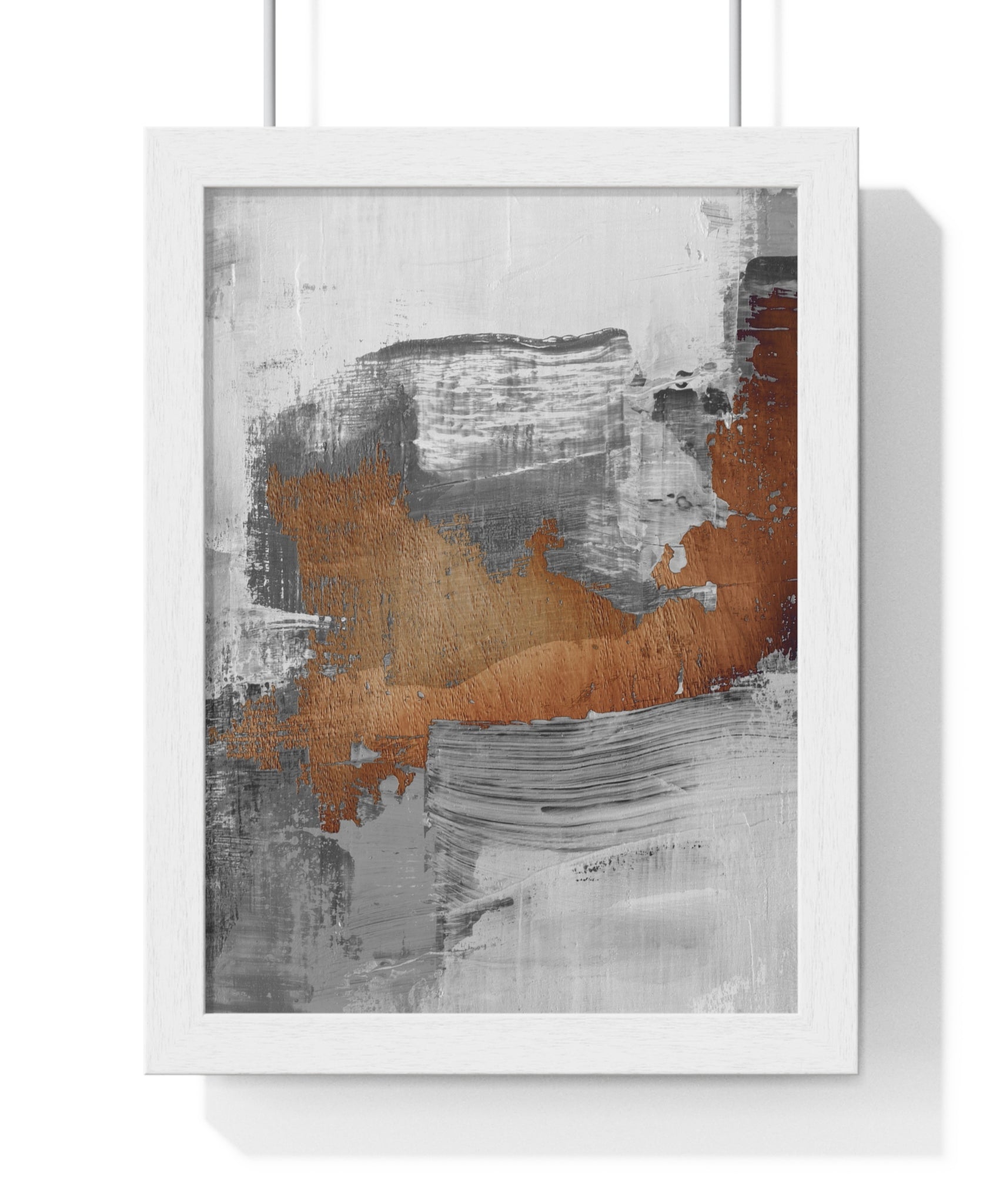 Textured Abstract Wall Art – Grey, Copper & White Modern Brushstroke Poster on Wooden Frame