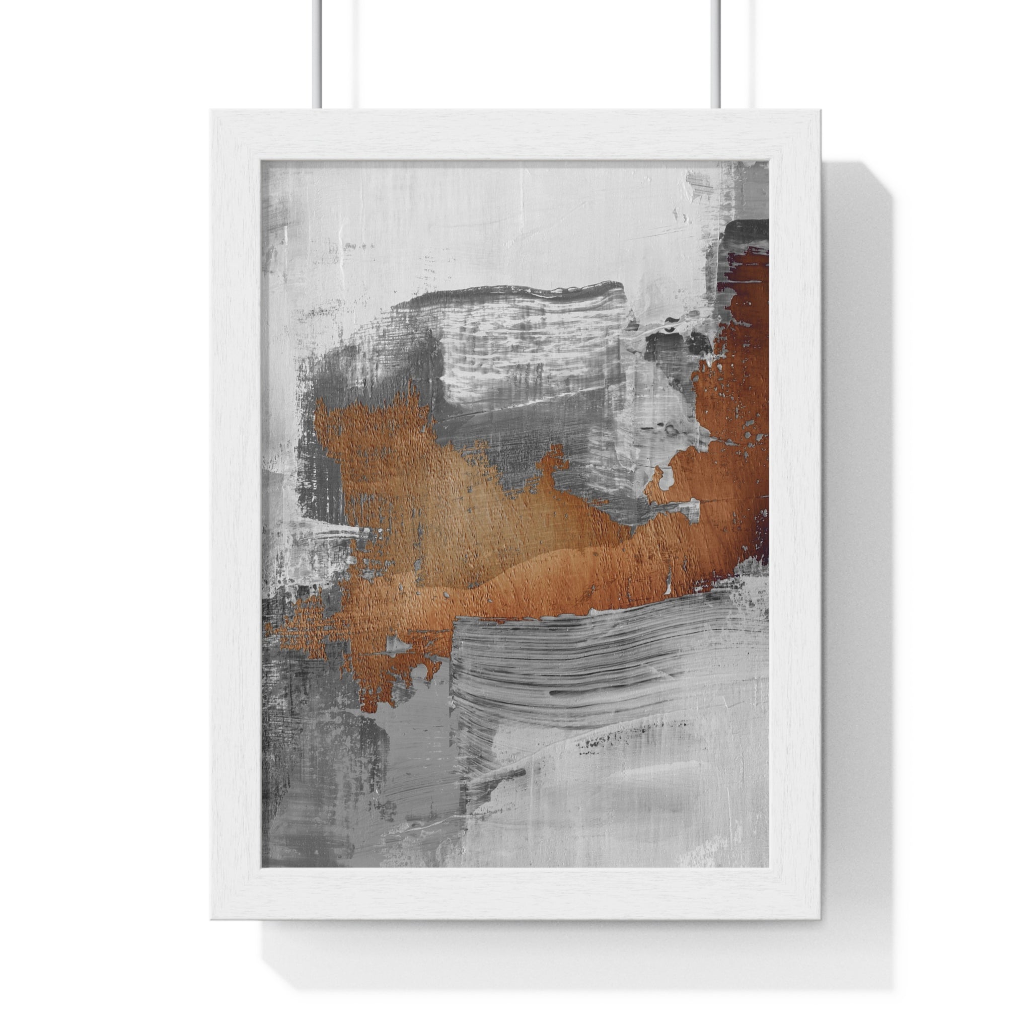 Textured Abstract Wall Art – Grey, Copper & White Modern Brushstroke Poster on Wooden Frame