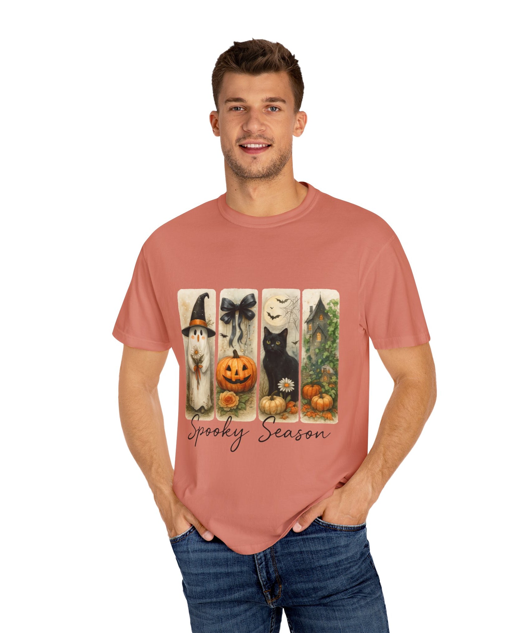 Vintage Halloween Unisex T-Shirt – Cute Ghost, Black Cat, Pumpkin & Haunted House Art - Gallory Hive