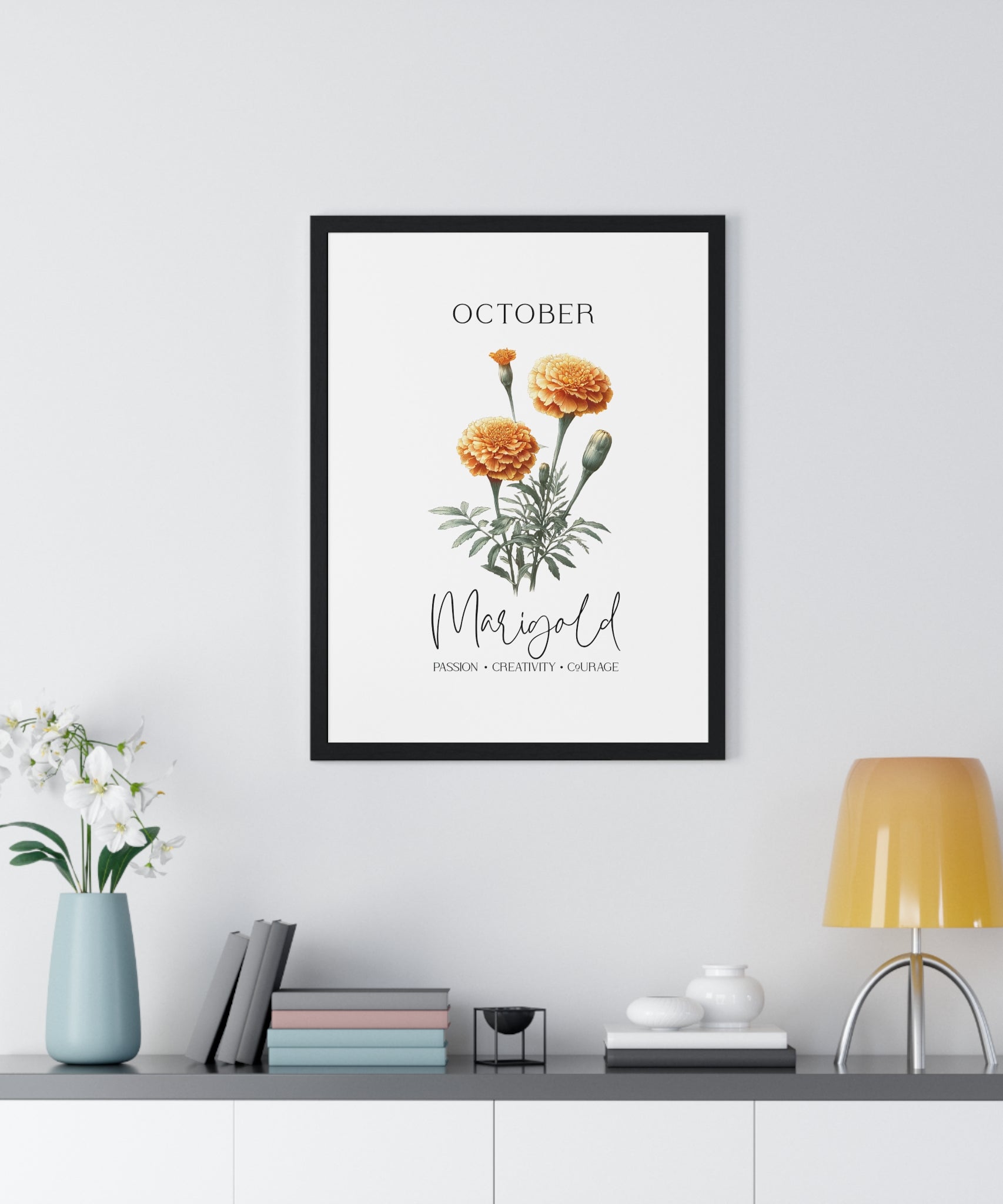 October Birth Month Flower Wall Art – Marigold Illustration in Wooden Frame | Passion, Creativity & Courage
