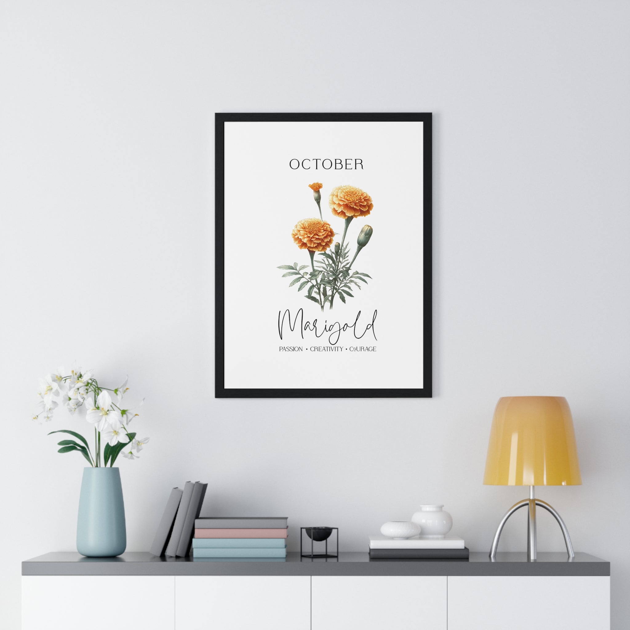 October Birth Month Flower Wall Art – Marigold Illustration in Wooden Frame | Passion, Creativity & Courage