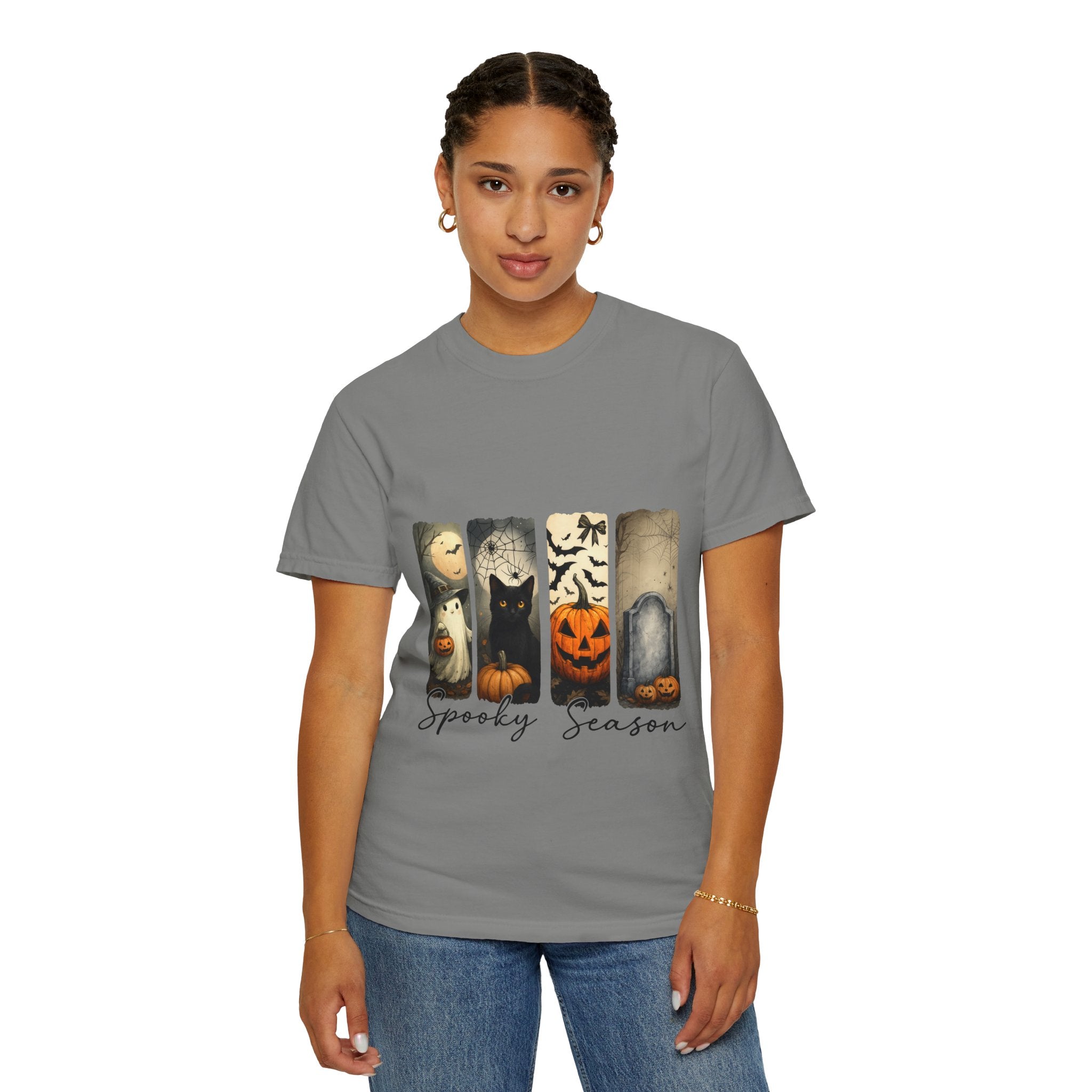 Halloween Night Unisex T-Shirt – Ghost, Black Cat, Pumpkin & Tombstone Vintage Art