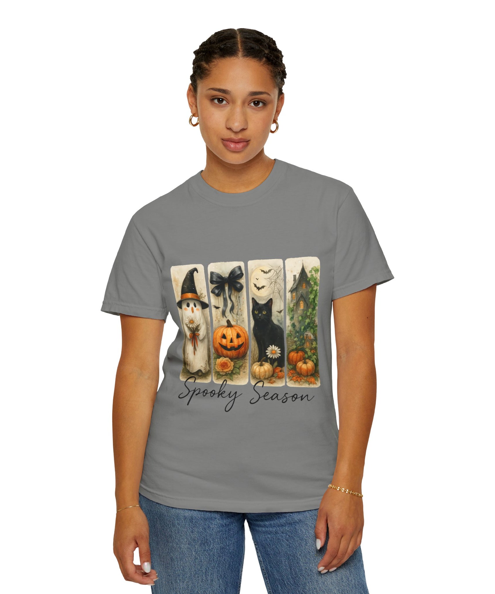 Vintage Halloween Unisex T-Shirt – Cute Ghost, Black Cat, Pumpkin & Haunted House Art - Gallory Hive
