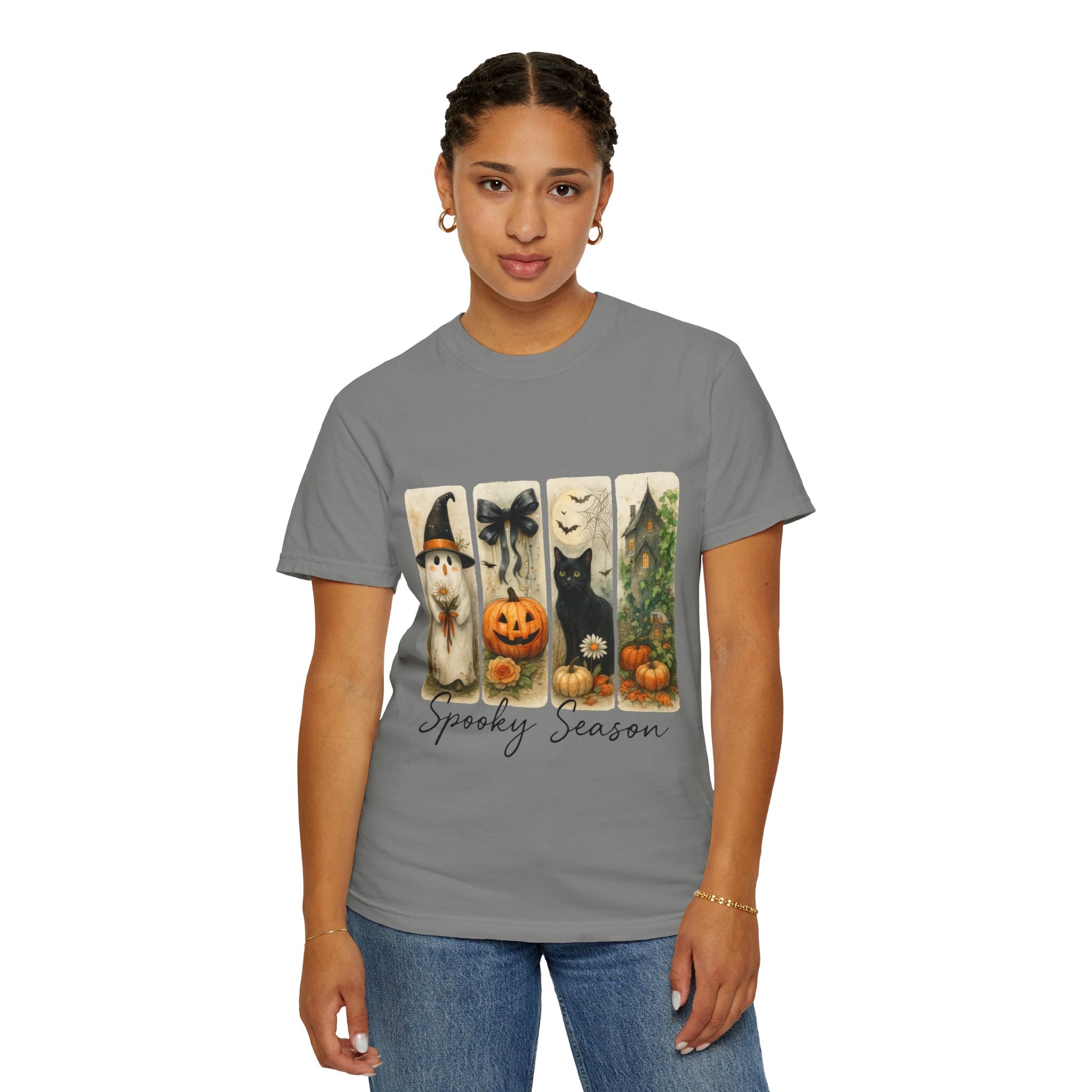 Vintage Halloween Unisex T-Shirt – Cute Ghost, Black Cat, Pumpkin & Haunted House Art