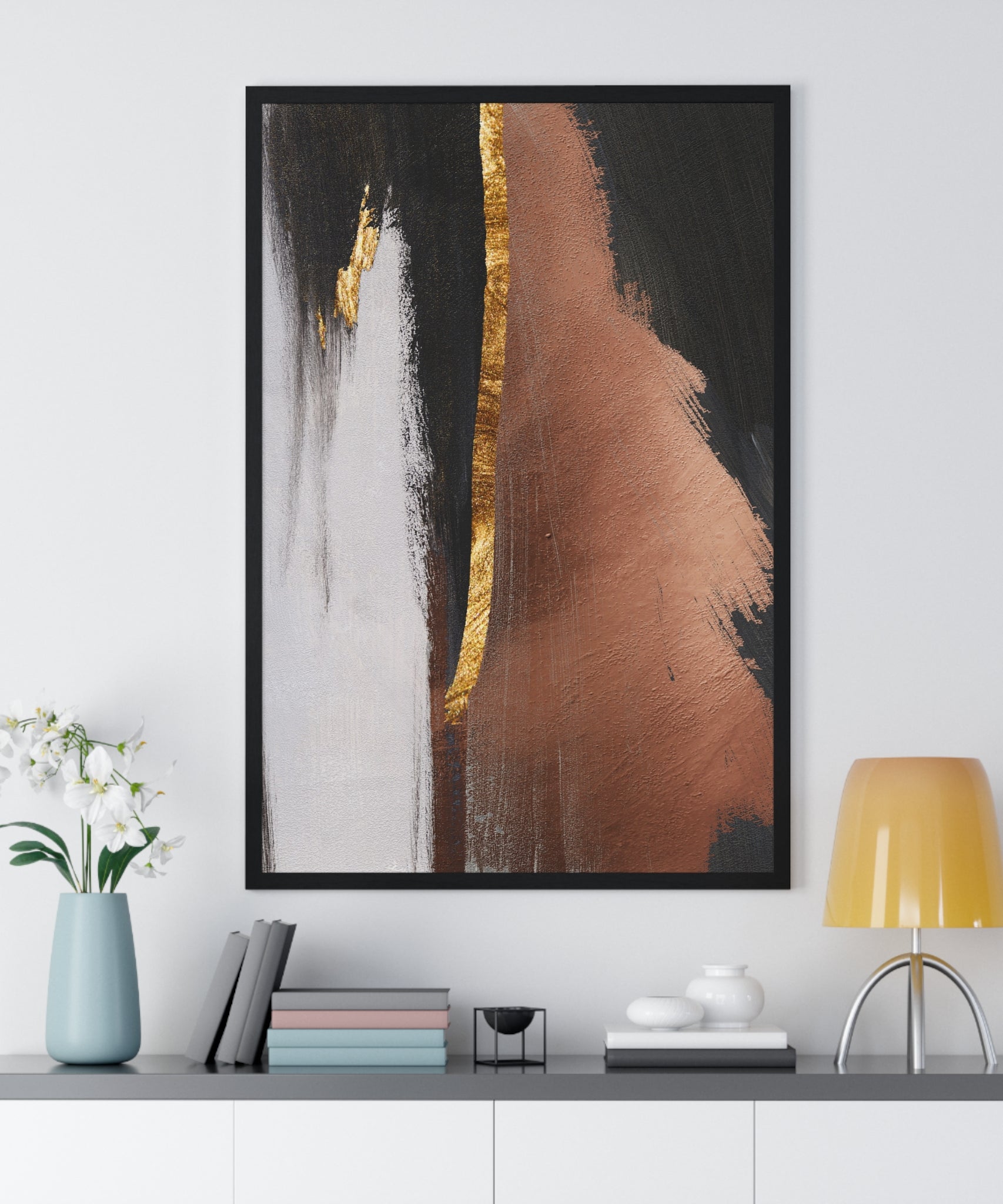 Modern Abstract Wall Art – Bold Black, Copper & Gold Textured Poster on Wooden Frame – Luxury Canvas Print for Home or Office
