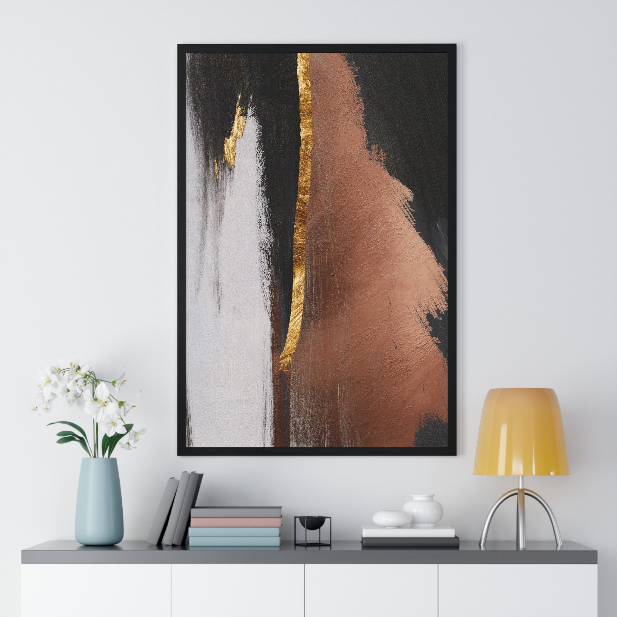 Modern Abstract Wall Art – Bold Black, Copper & Gold Textured Poster on Wooden Frame – Luxury Canvas Print for Home or Office