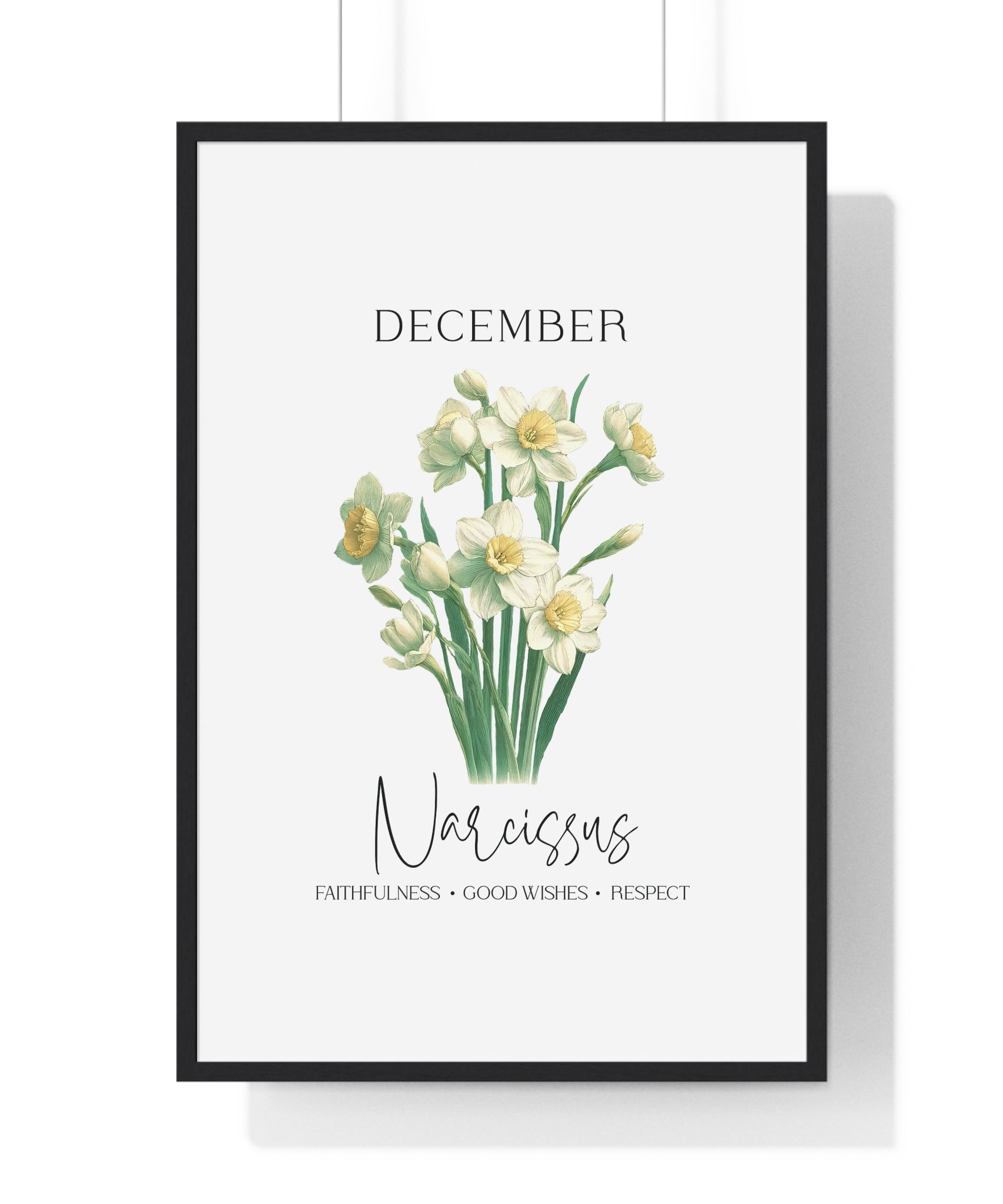December Birth Month Flower Wall Art – Narcissus Illustration in Wooden Frame | Faithfulness, Good Wishes & Respect