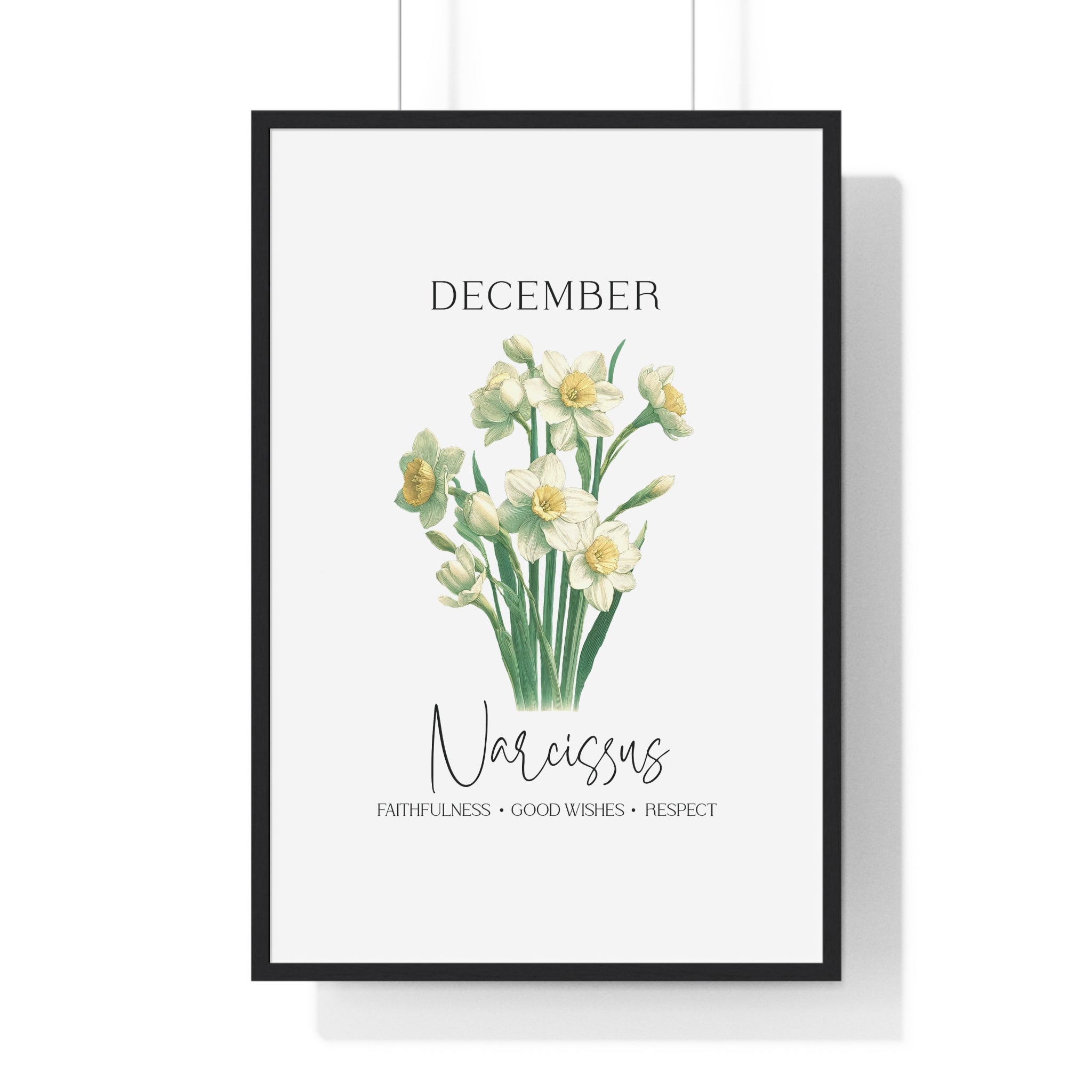 December Birth Month Flower Wall Art – Narcissus Illustration in Wooden Frame | Faithfulness, Good Wishes & Respect