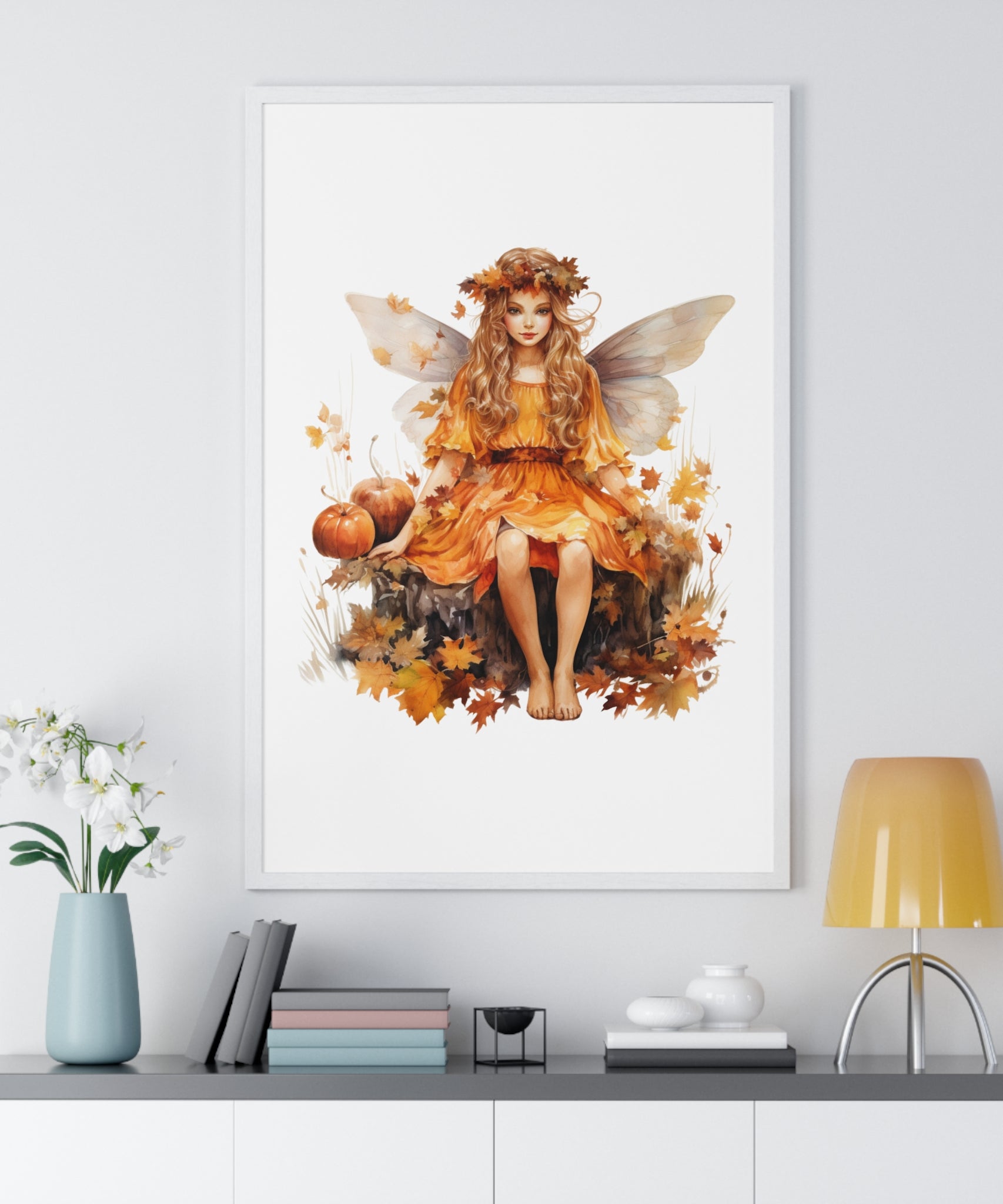 Fall Fairy Wall Art – Orange Dress Woodland Fairy with Pumpkins | Wooden Frame Poster for Autumn Home Decor