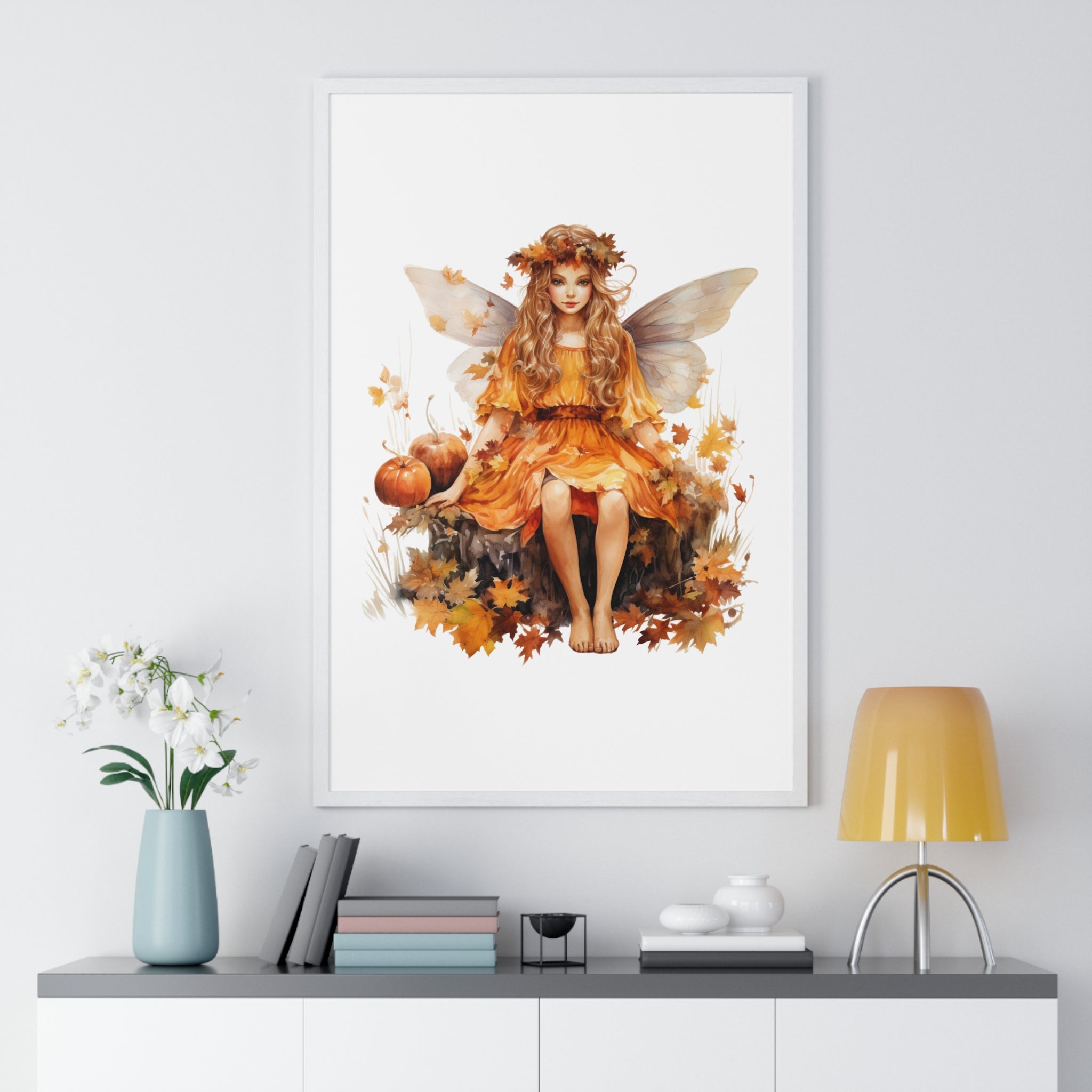 Fall Fairy Wall Art – Orange Dress Woodland Fairy with Pumpkins | Wooden Frame Poster for Autumn Home Decor