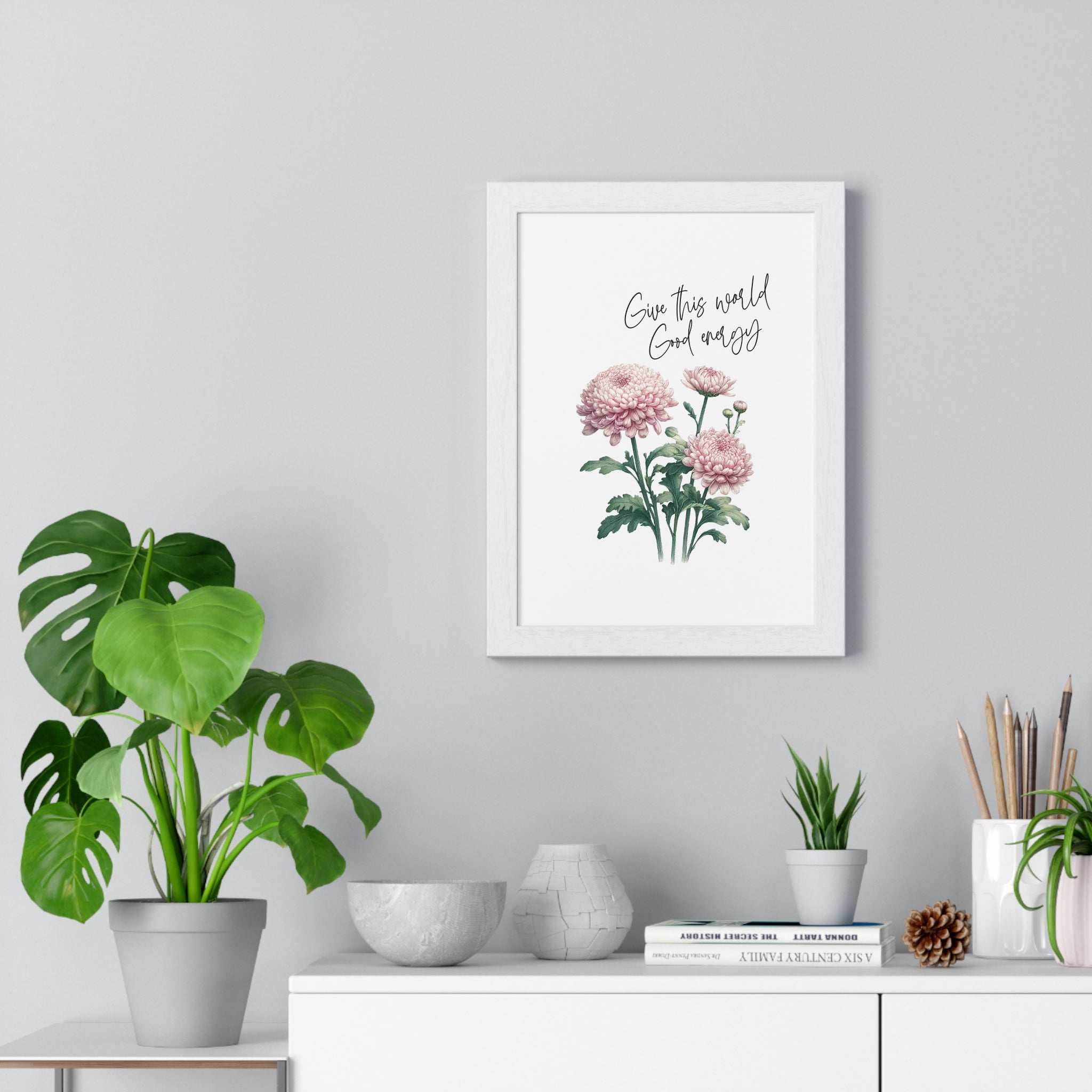 November Birth Month Flower Wall Art – Chrysanthemum Illustration with Inspirational Quote in Wooden Frame | Good Energy & Joy