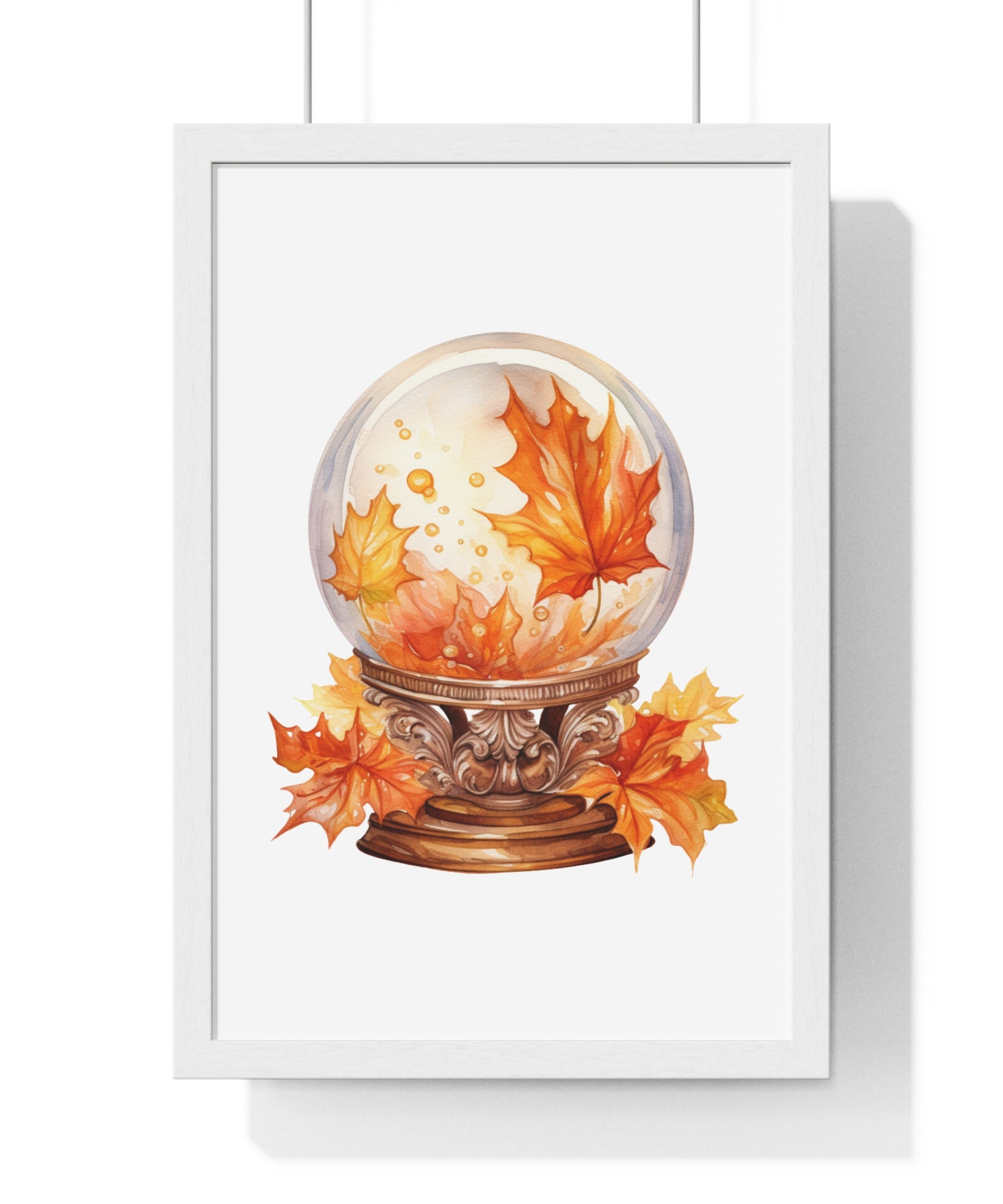 Floating Leaves Snow Globe Wall Art – Ornate Autumn Fantasy Poster | Wooden Frame Seasonal Home Decor