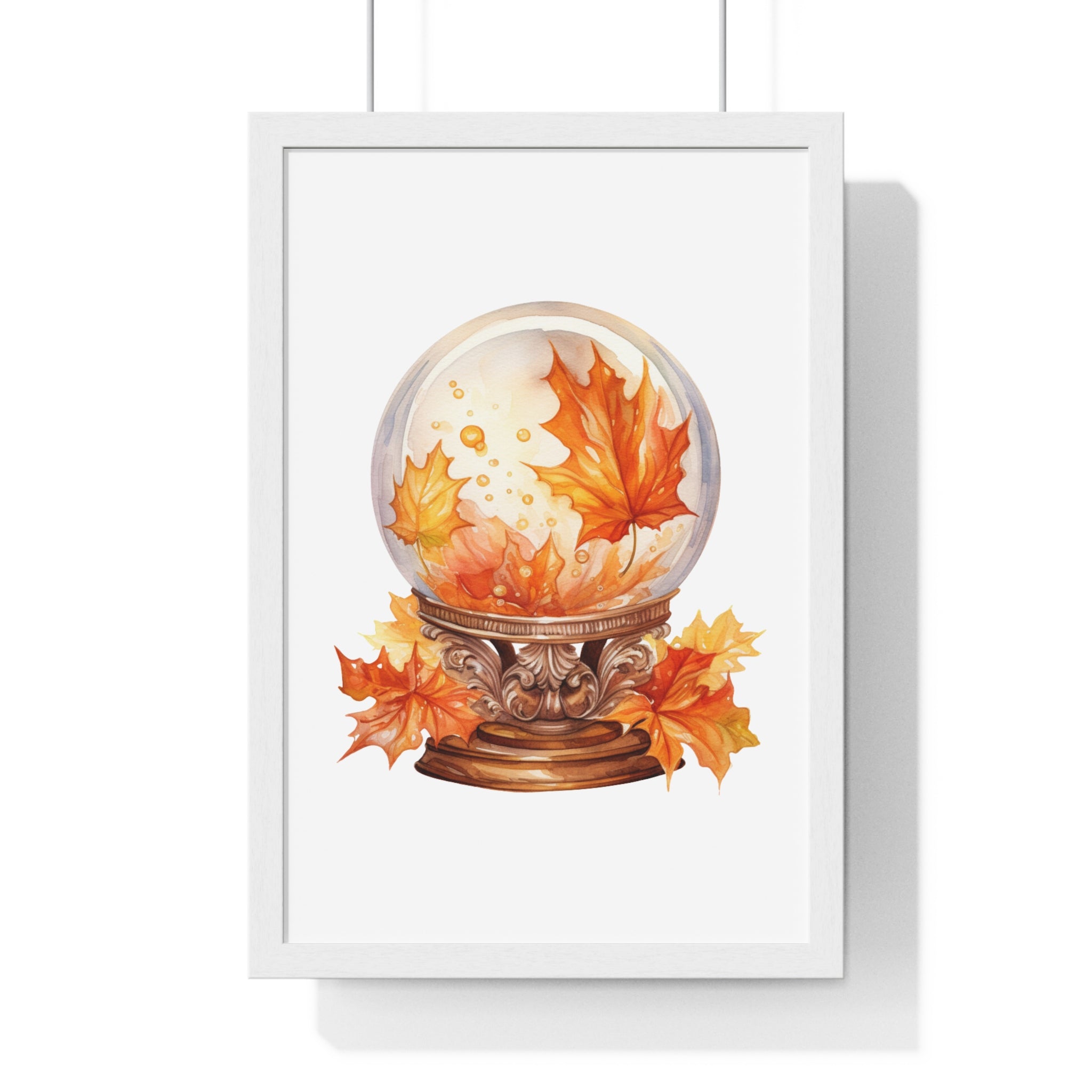 Floating Leaves Snow Globe Wall Art – Ornate Autumn Fantasy Poster | Wooden Frame Seasonal Home Decor