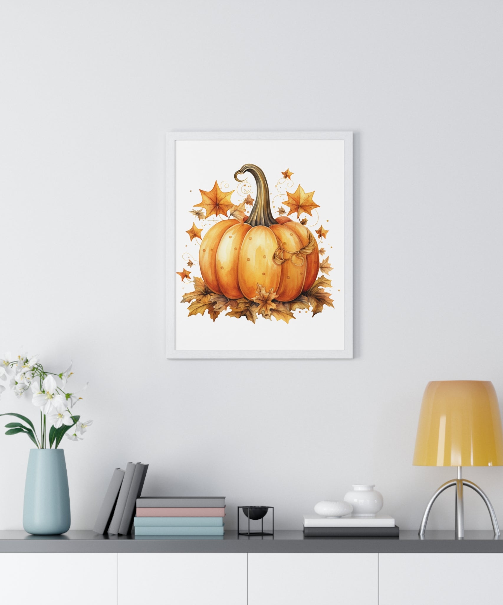 Decorative Autumn Pumpkin Wall Art – Bow-Tied Harvest Poster with Leaves & Swirls | Wooden Frame Fall Decor
