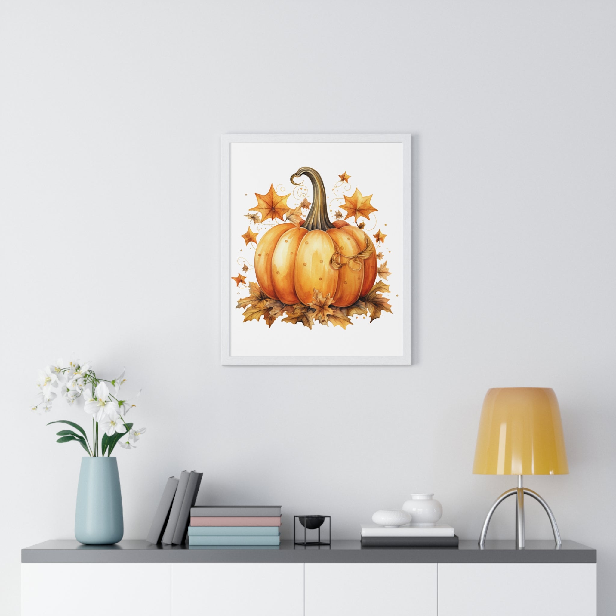 Decorative Autumn Pumpkin Wall Art – Bow-Tied Harvest Poster with Leaves & Swirls | Wooden Frame Fall Decor
