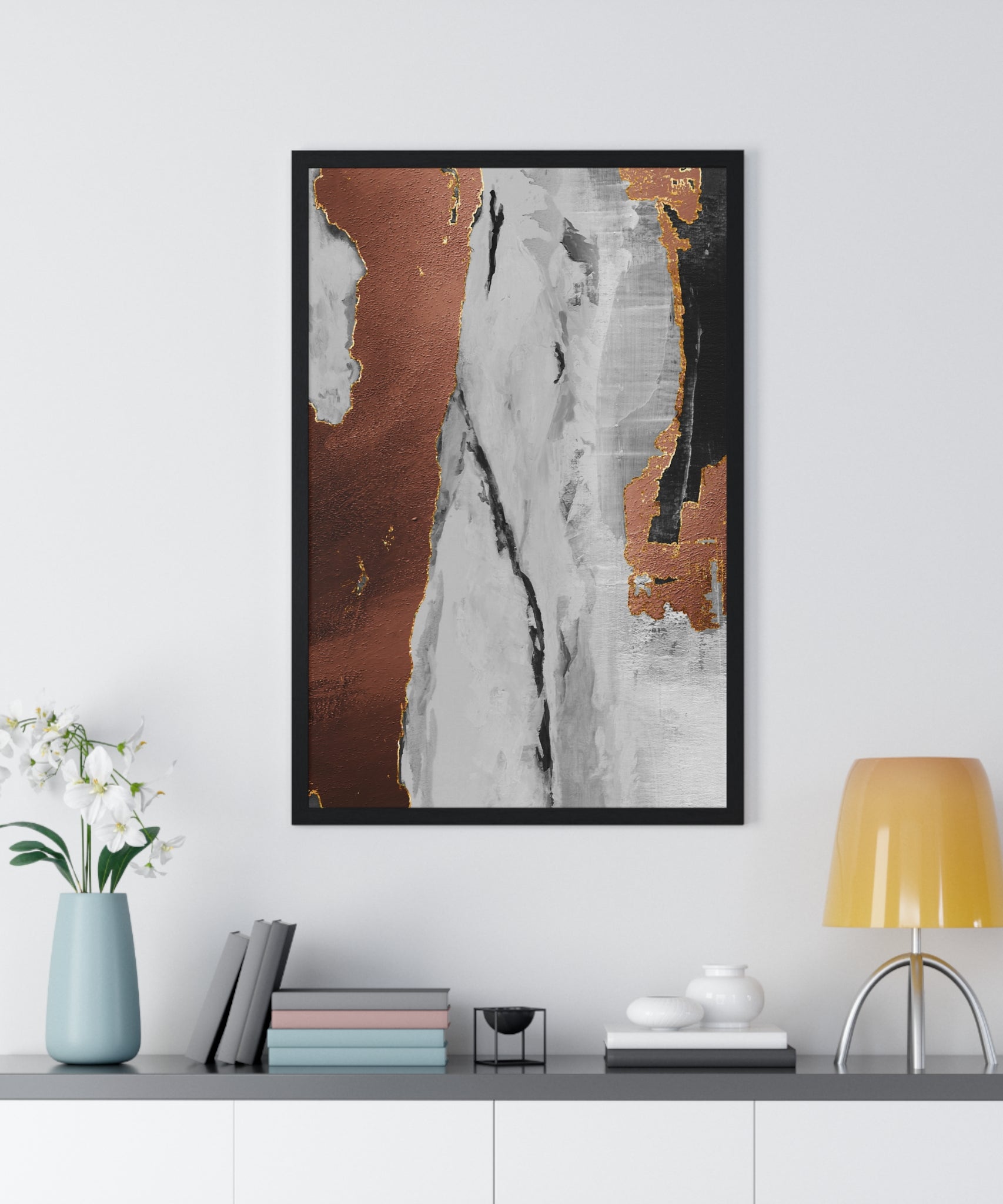 Luxury Abstract Wall Art Poster – Metallic Copper & Marble Texture on Wooden Frame – Modern Home Décor