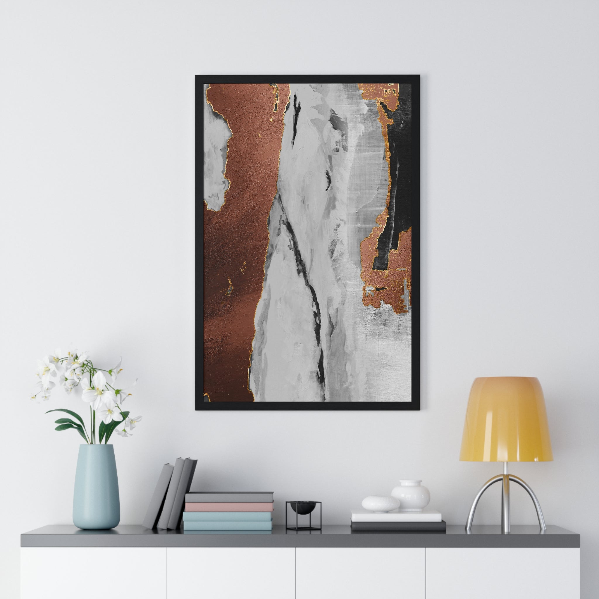 Luxury Abstract Wall Art Poster – Metallic Copper & Marble Texture on Wooden Frame – Modern Home Décor