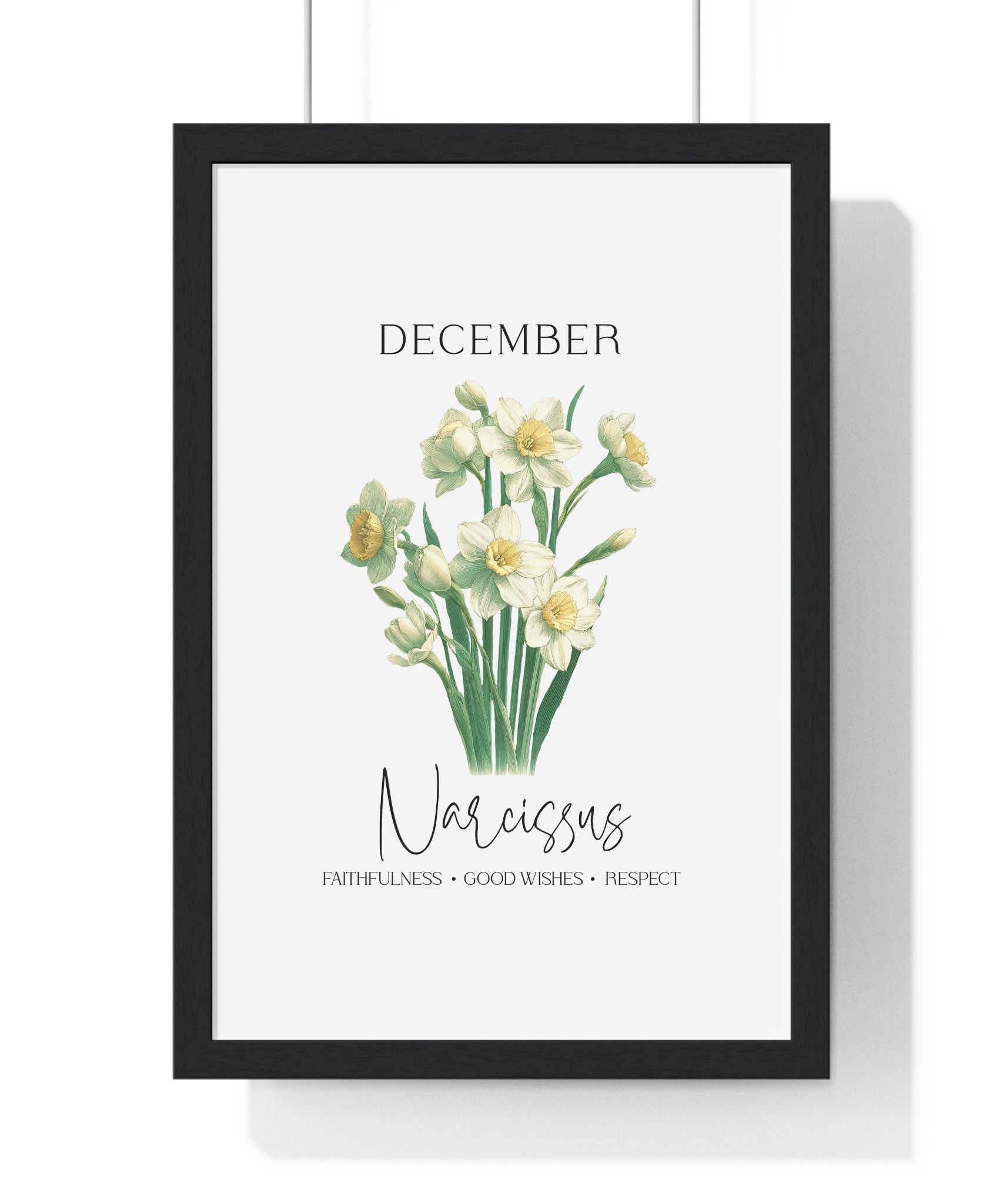 December Birth Month Flower Wall Art – Narcissus Illustration in Wooden Frame | Faithfulness, Good Wishes & Respect