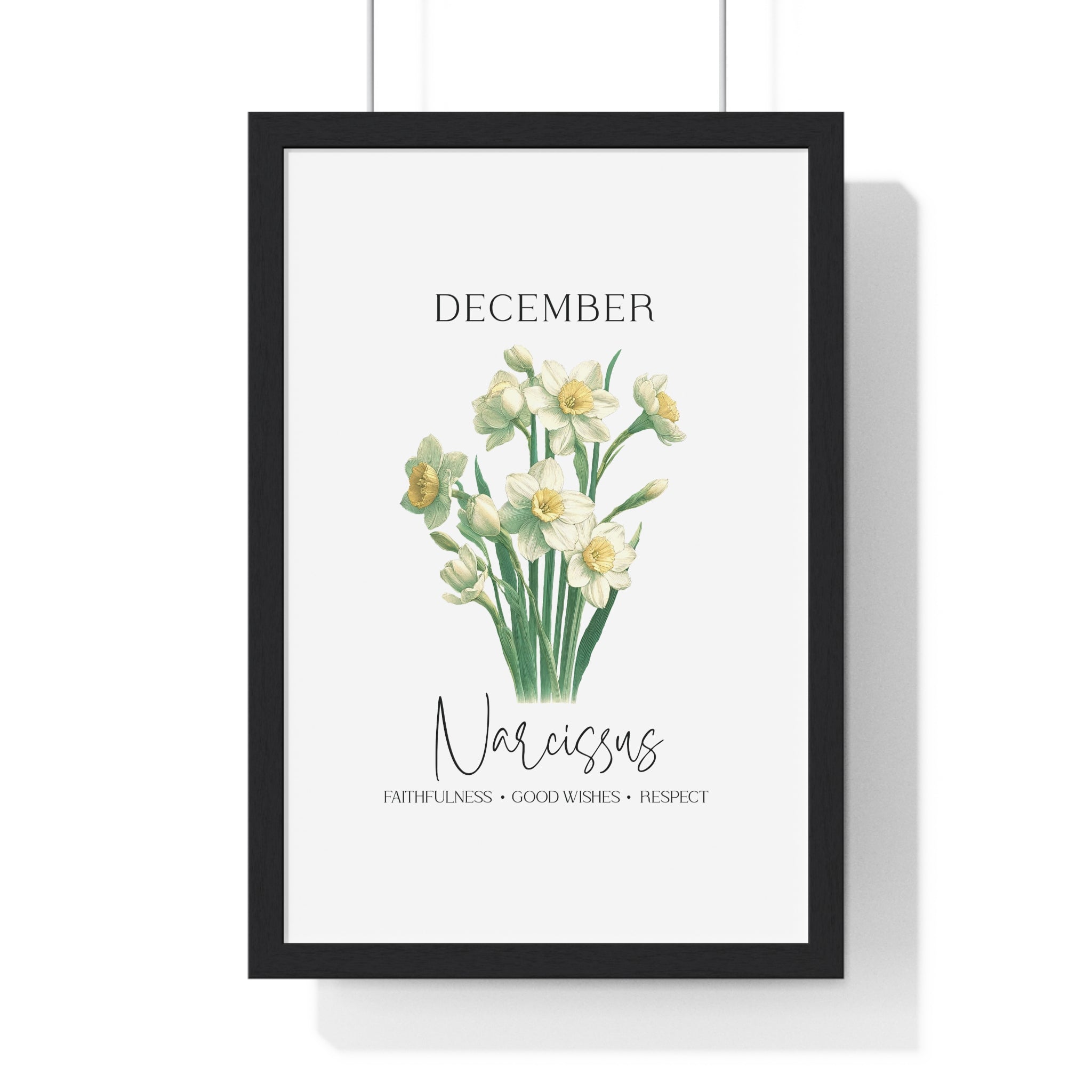 December Birth Month Flower Wall Art – Narcissus Illustration in Wooden Frame | Faithfulness, Good Wishes & Respect