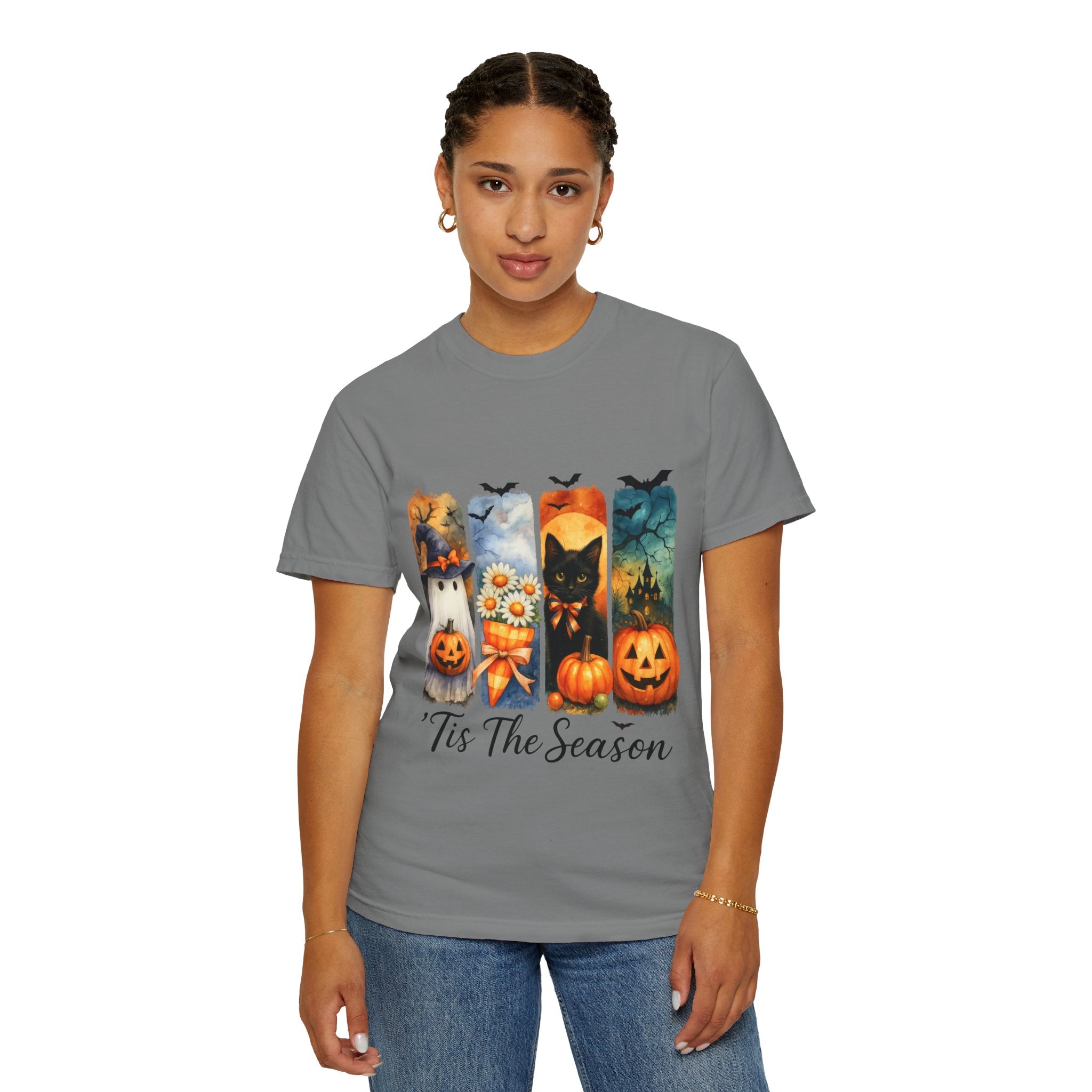 Whimsical Halloween T-Shirt – Ghost, Black Cat, Pumpkins & Haunted House Design