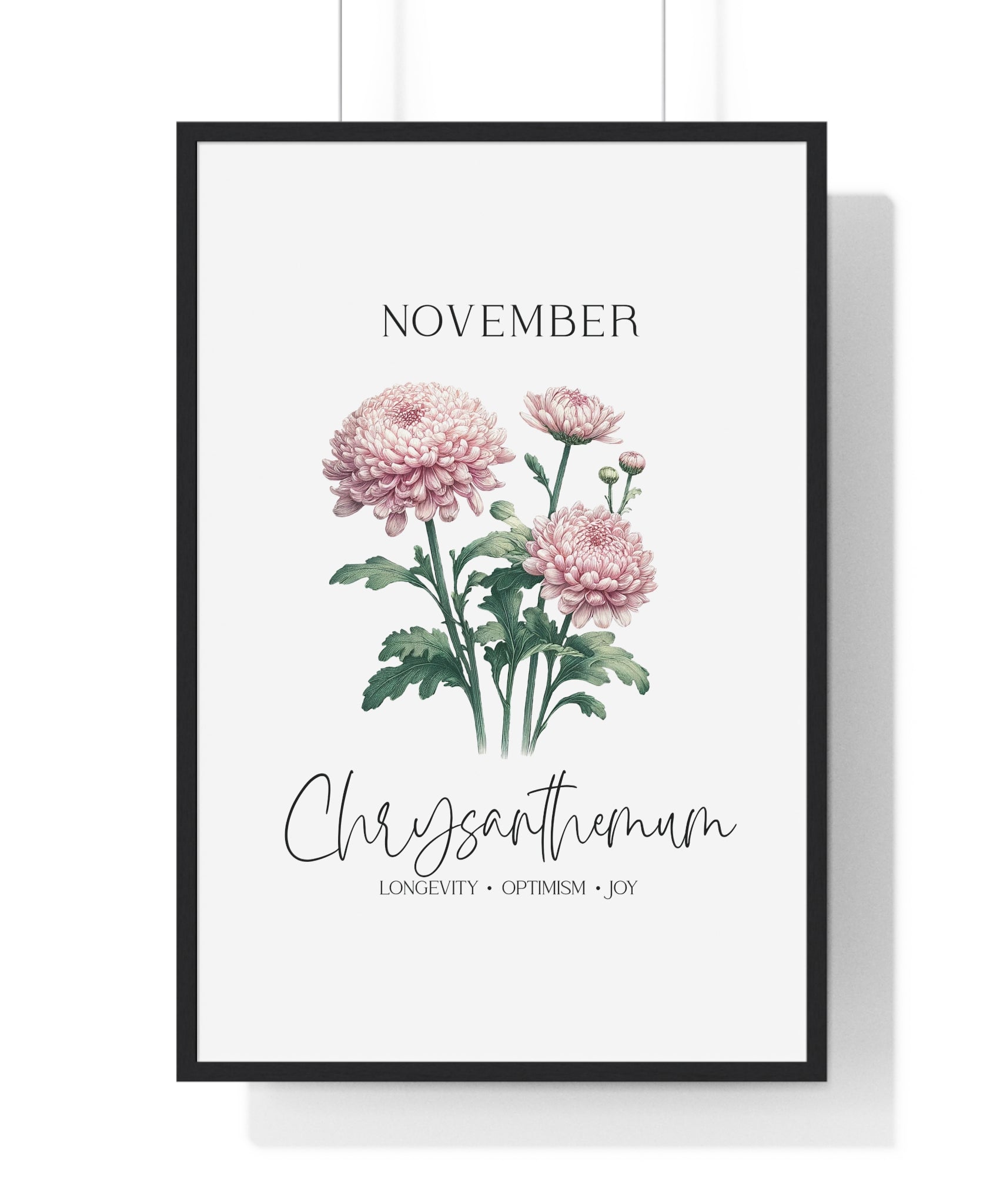 November Birth Month Flower Wall Art – Chrysanthemum Illustration in Wooden Frame | Longevity, Optimism & Joy