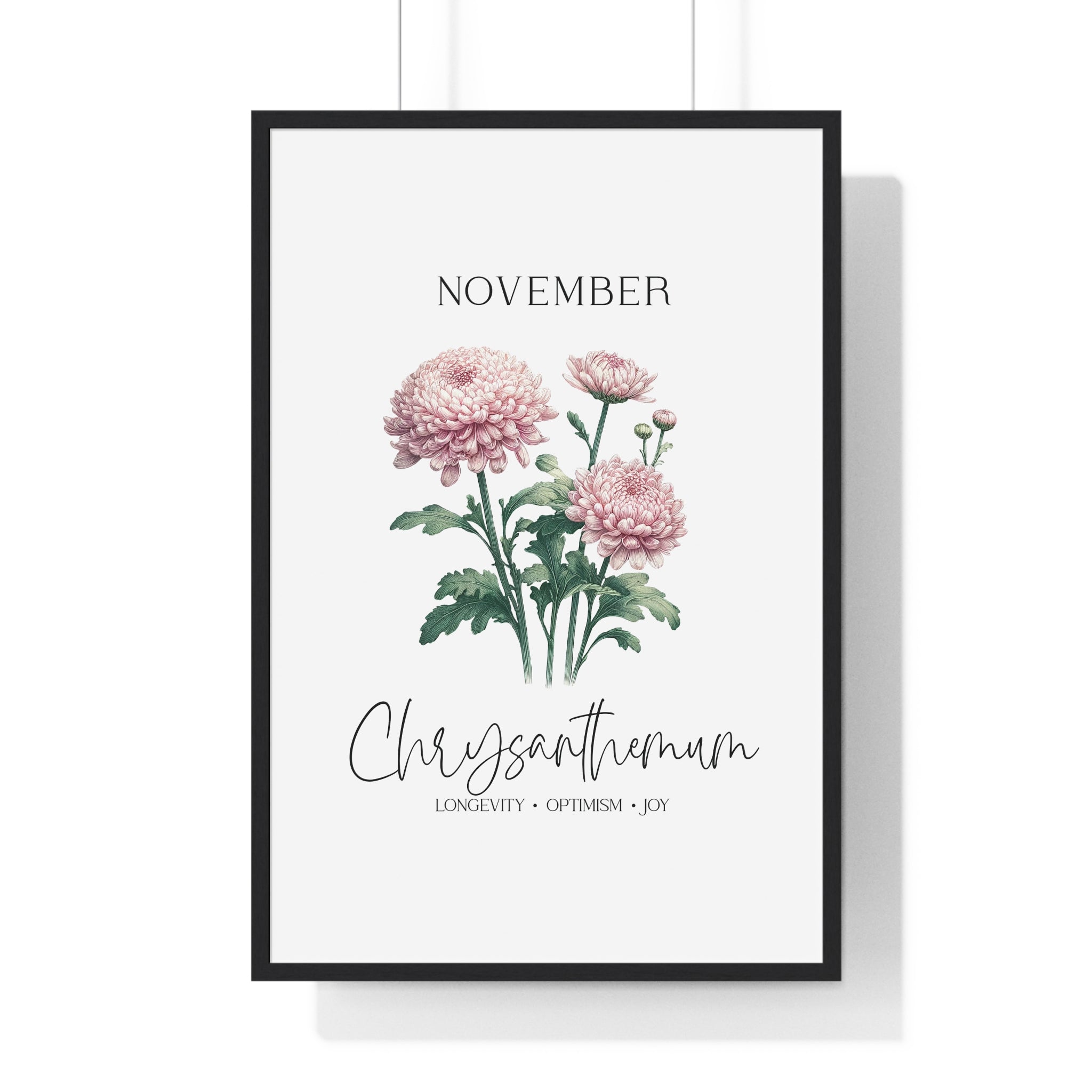 November Birth Month Flower Wall Art – Chrysanthemum Illustration in Wooden Frame | Longevity, Optimism & Joy