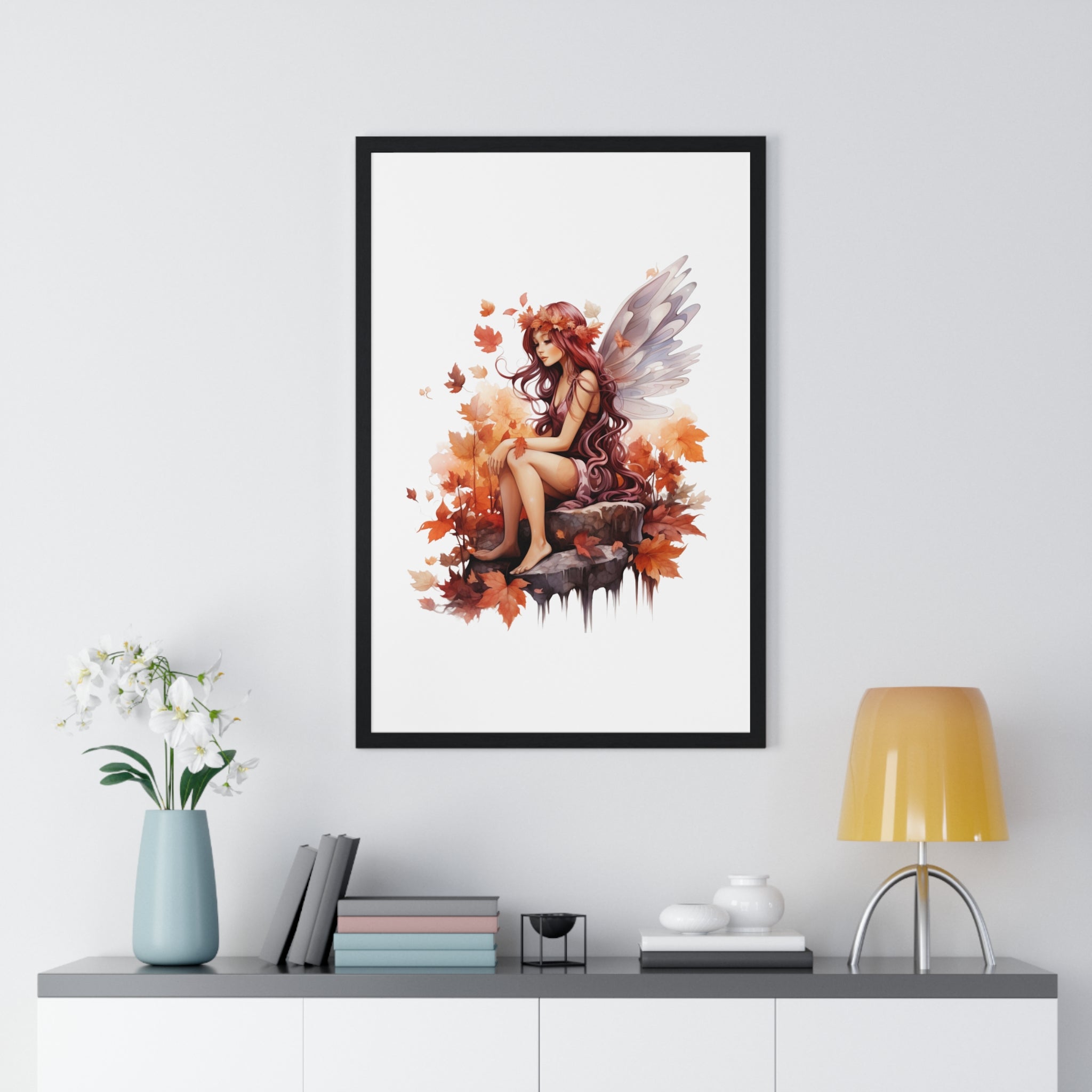 Serene Autumn Fairy Wall Art – Fantasy Wooden Frame Poster for Seasonal Home Decor